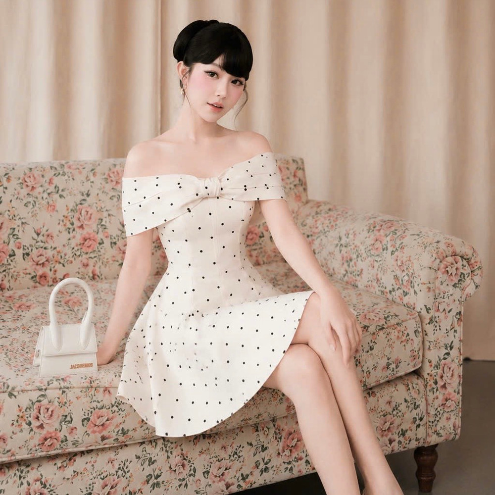 Đầm thiết kế trễ vai chấm bi nơ ngực