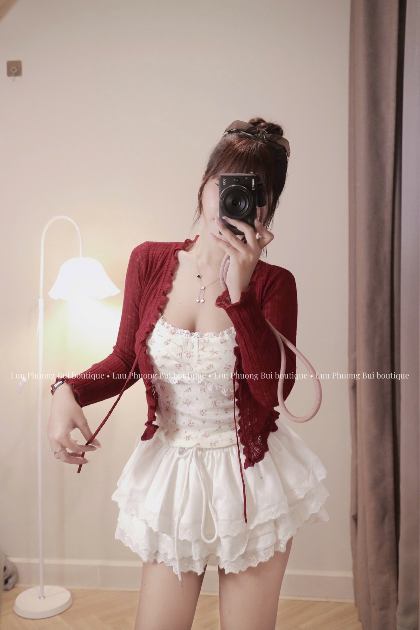 Áo kiểu set khoác cột dây áo hoa nhí