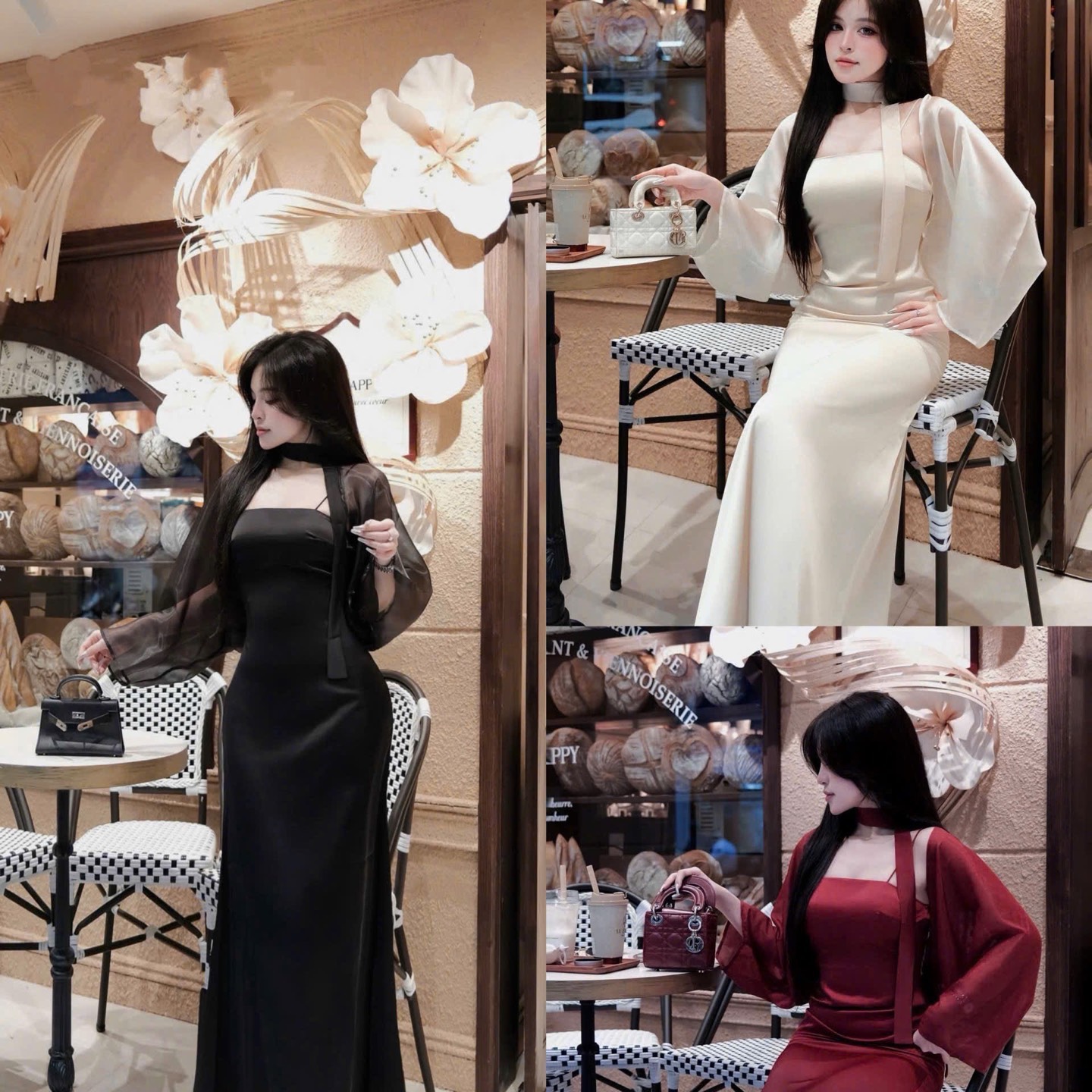 Đầm thiết kế lụa kèm khăn choàng và dây lụa