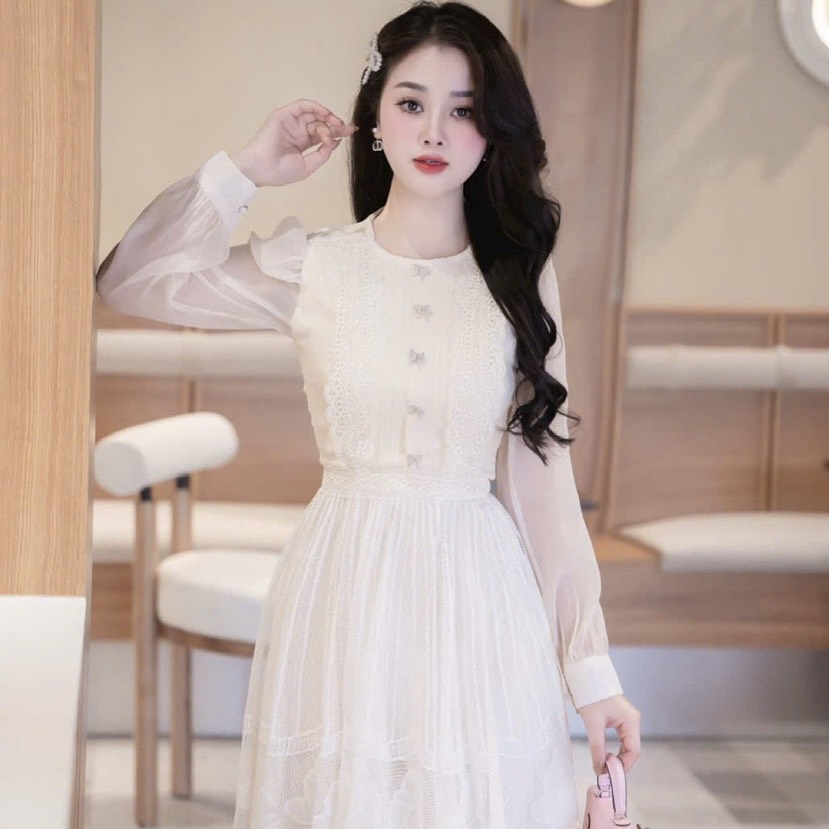 Đầm thiết kế tơ tay dài dáng xoè cao cấp tặng cài nơ