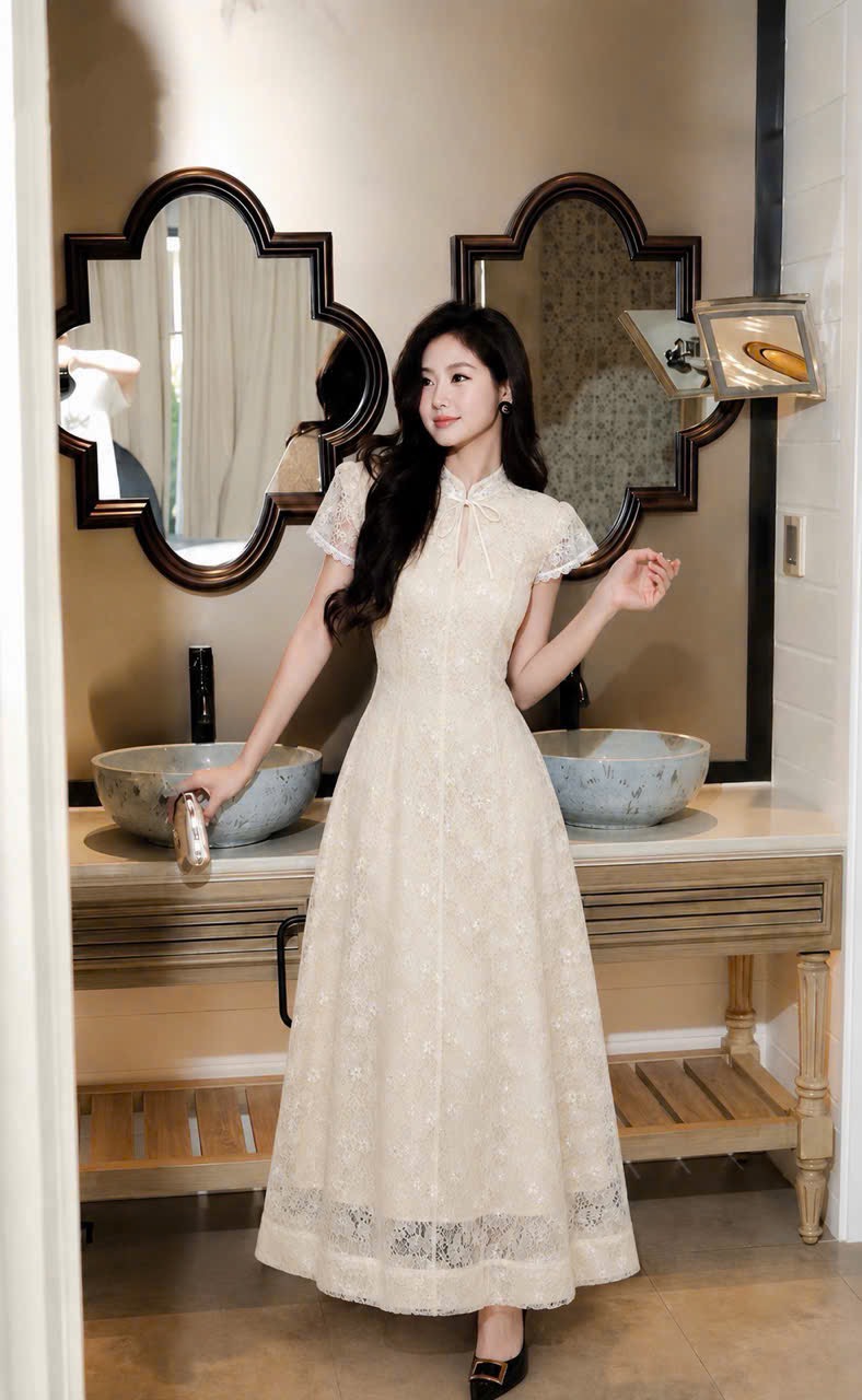 Đầm thiết kế cổ tàu ren nơ cổ dáng dài
