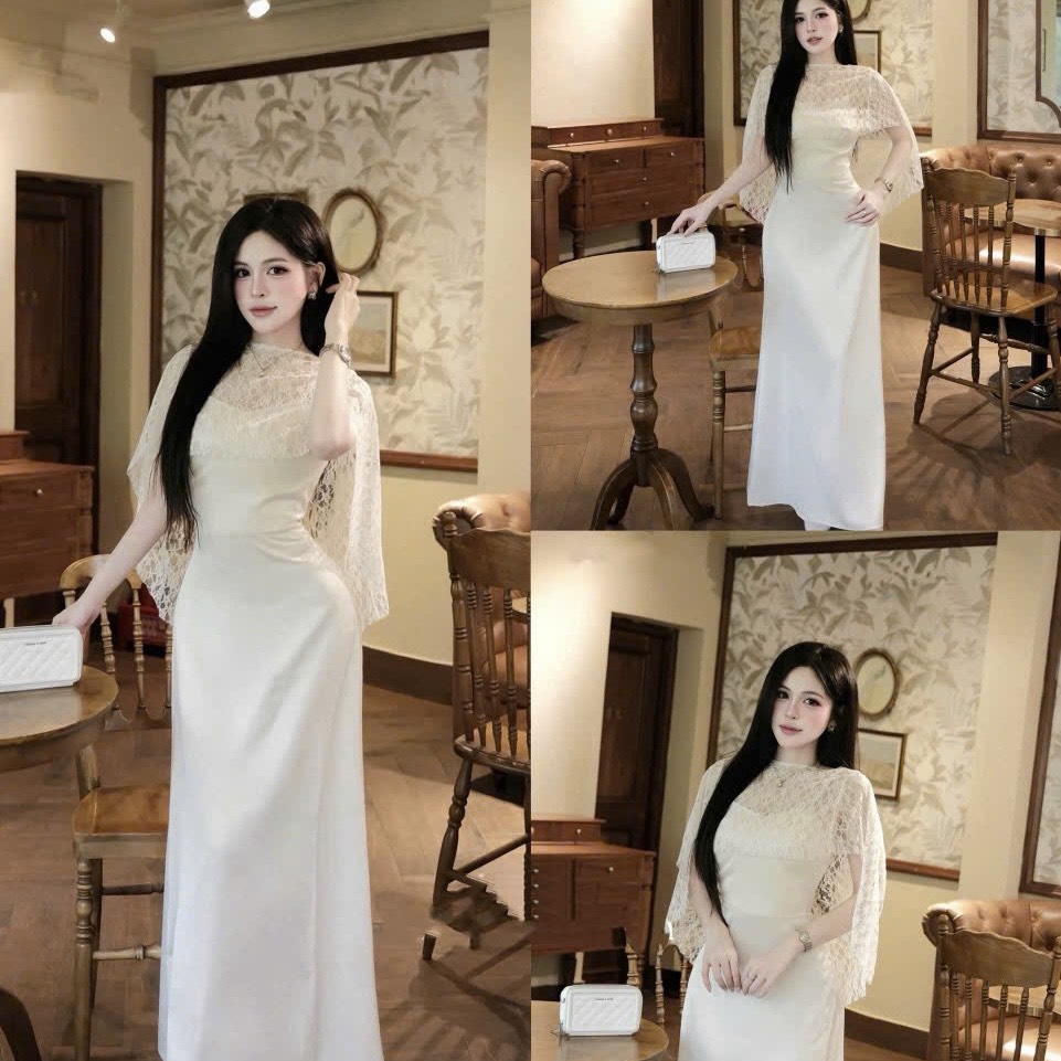 Đầm thiết kế lụa 2 dây kèm áo choàng ren