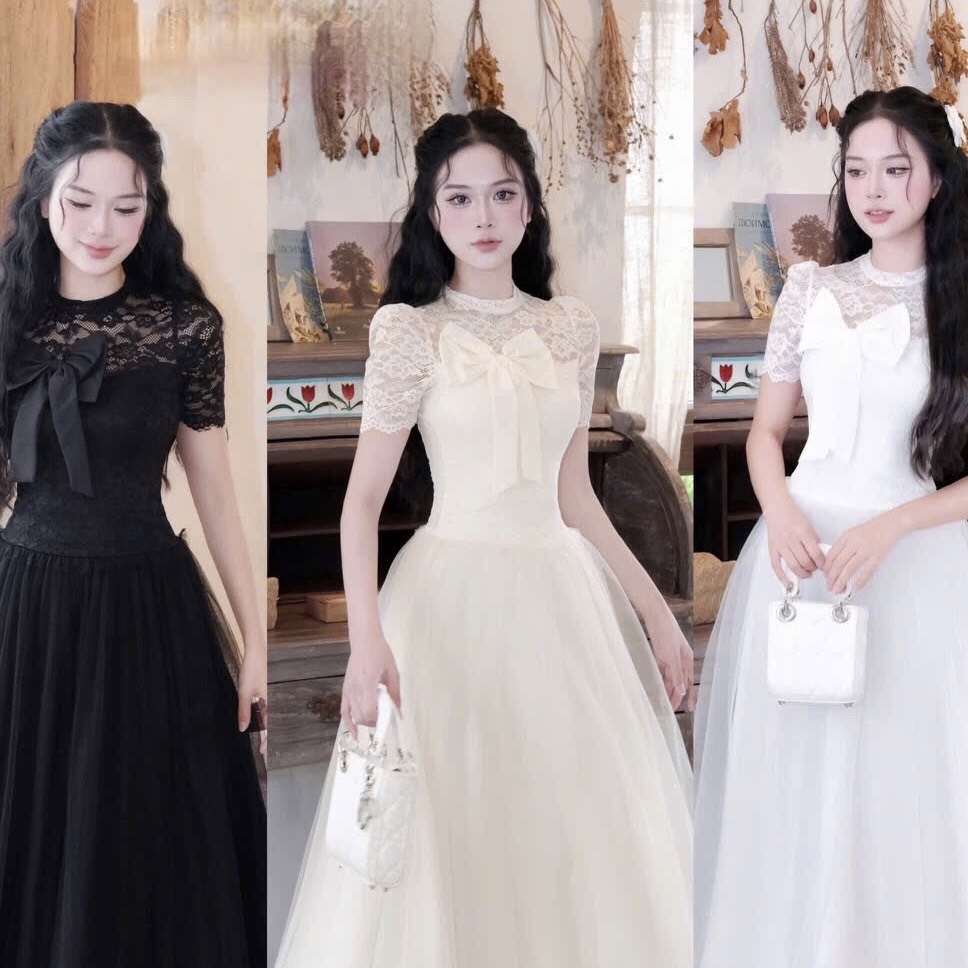 Đầm cổ tròn ren đính nơ to dáng xoè sang chảnh