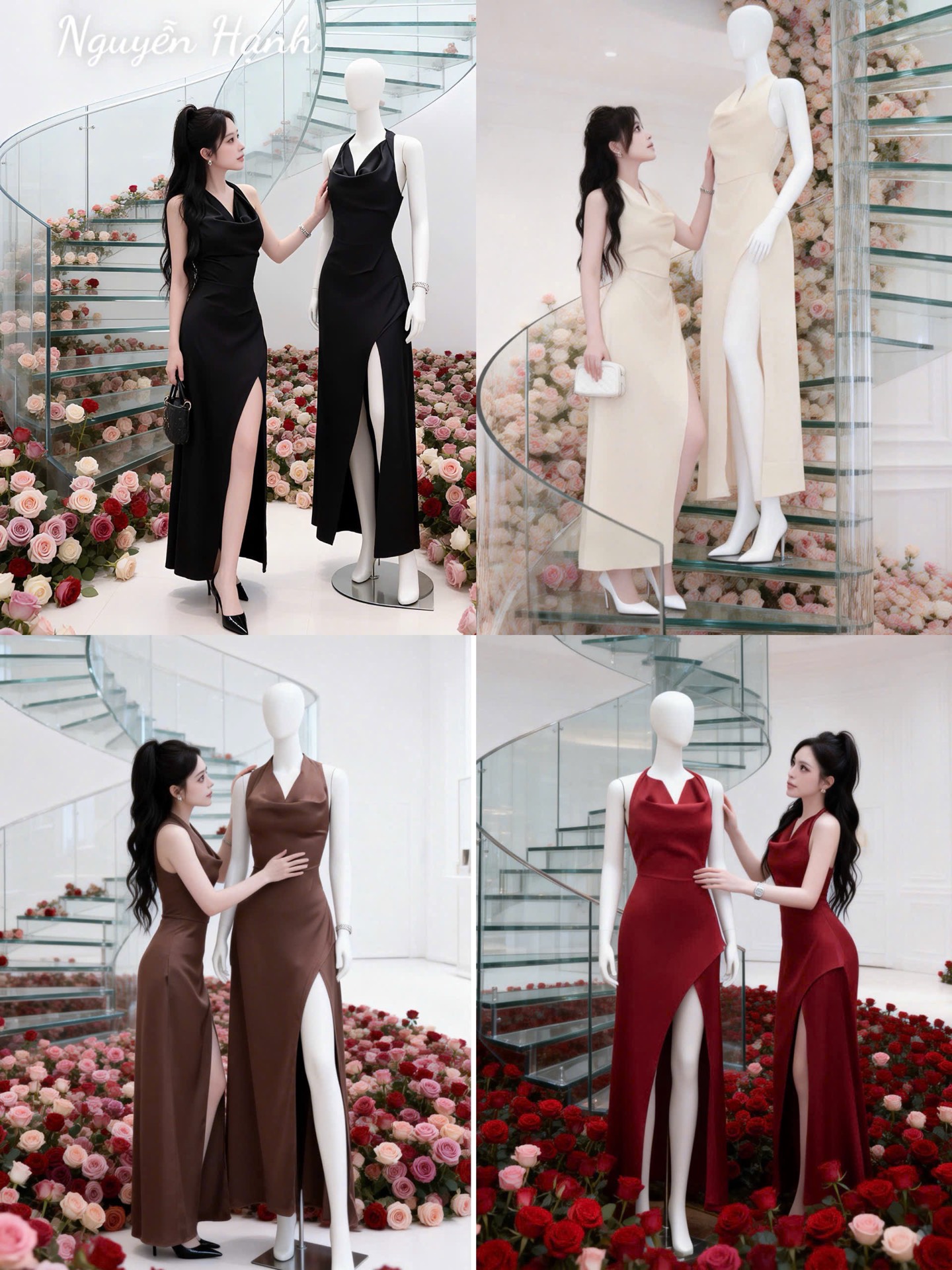 Đầm cột nơ cổ lụa xẻ tà