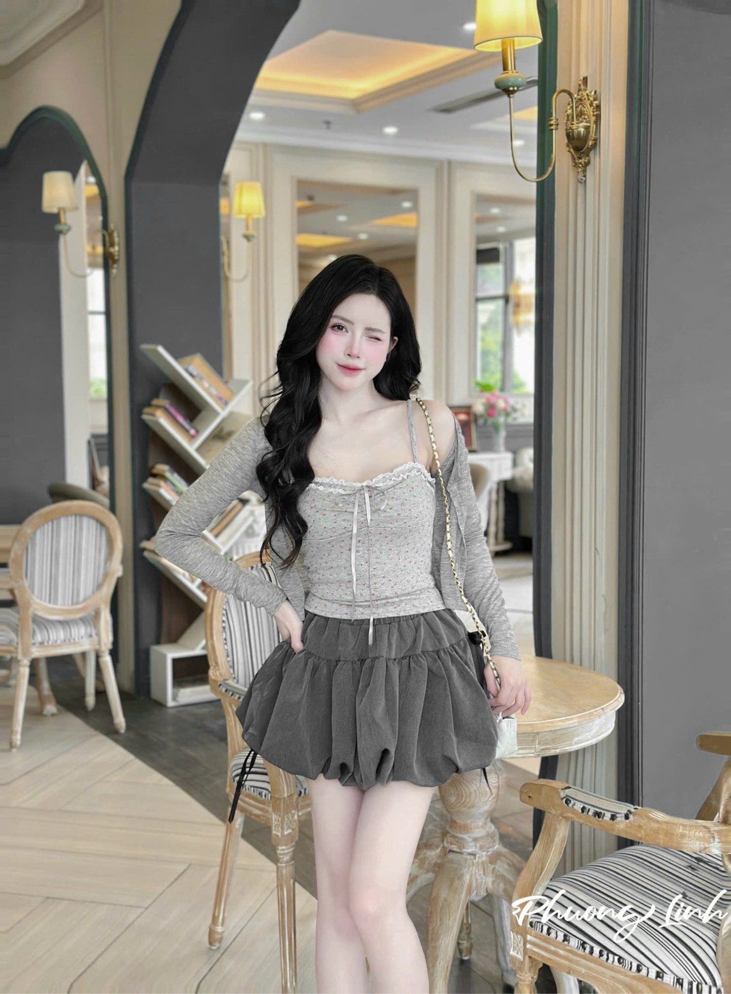 Set 3 món váy bí áo hoa kèm khoác