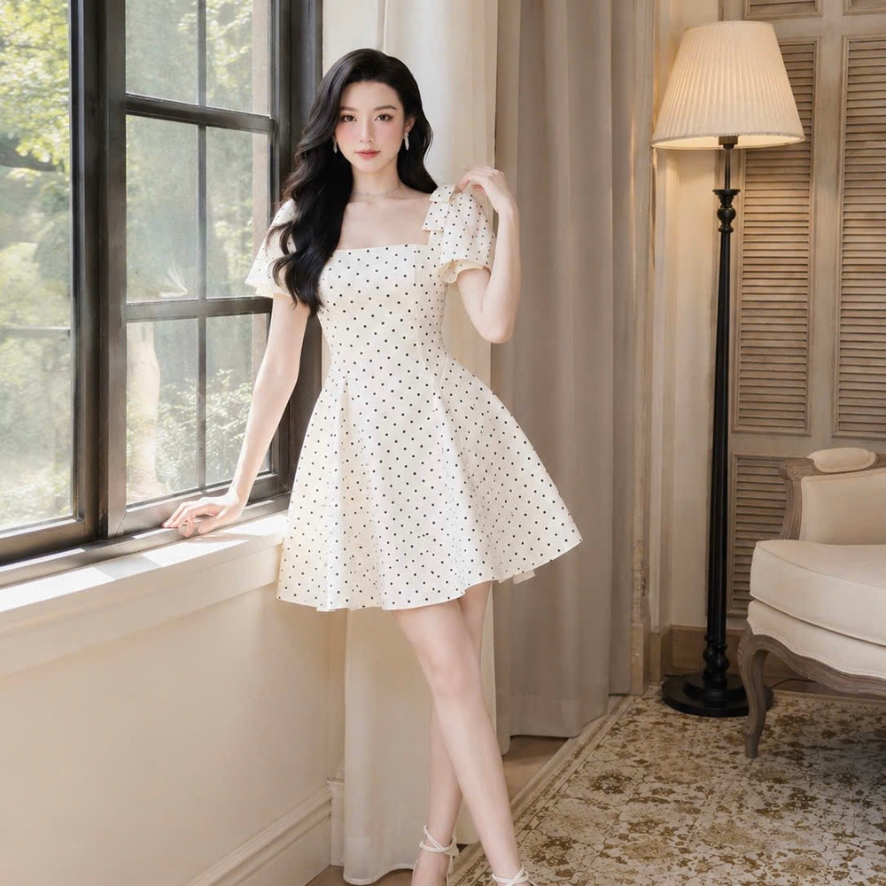 Đầm thiết kế cổ vuông nơ vai tay phồng