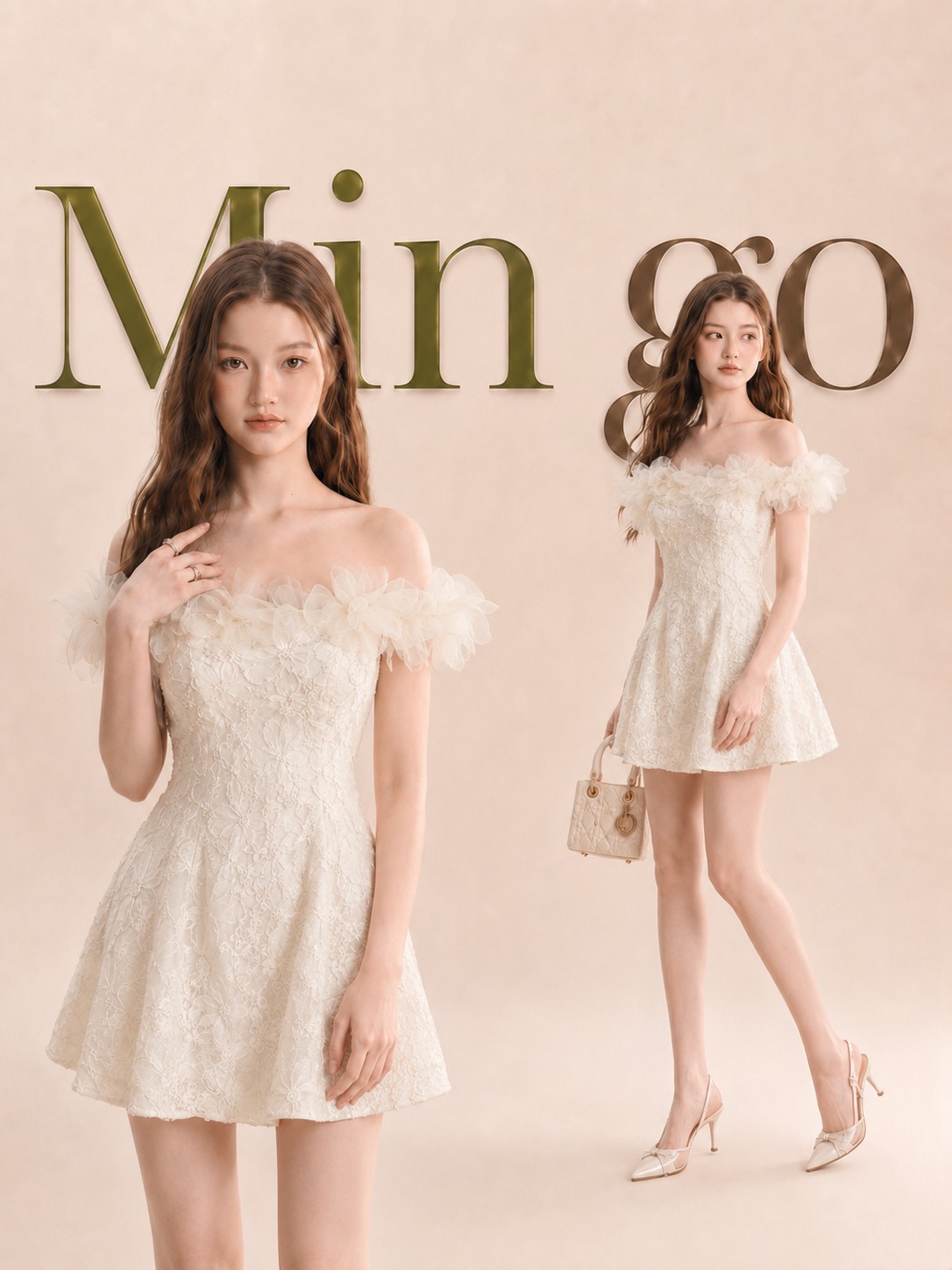 Đầm thiết kế trễ vai đính hoa dáng ngắn