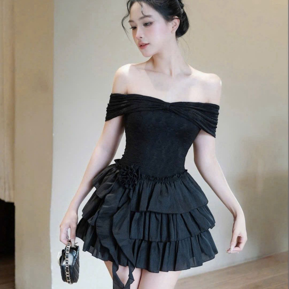 Đầm thiết kế trễ vai nhiều tầng sang trọng tay ngắn đi tiệc