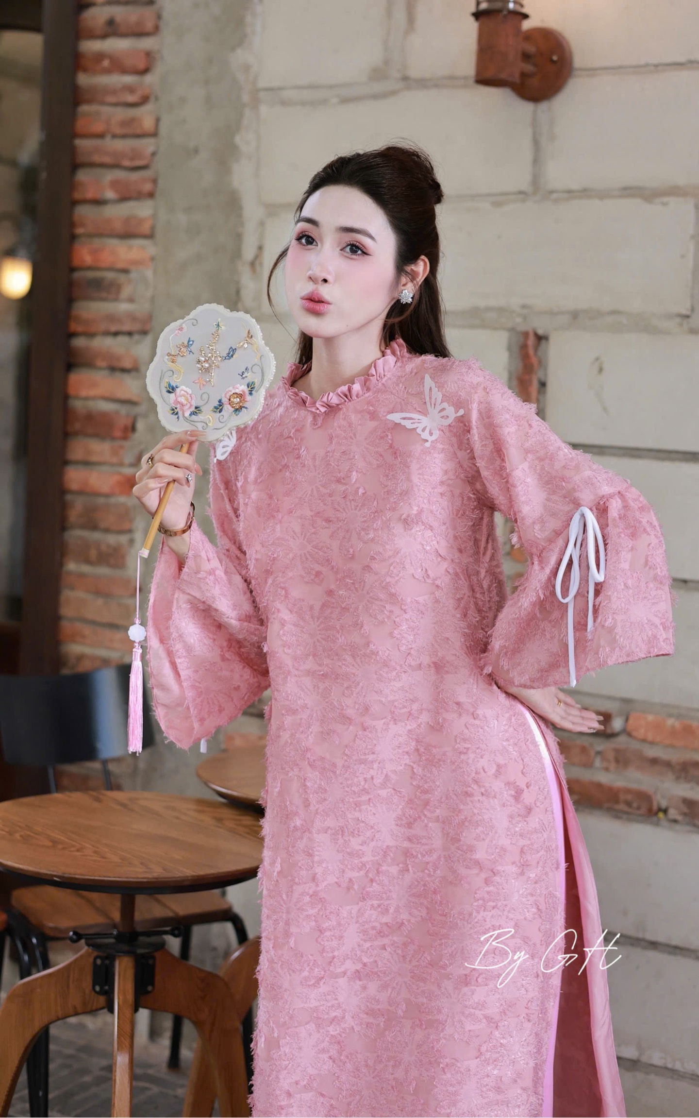 Áo dài tơ lông cổ bèo tay nơ