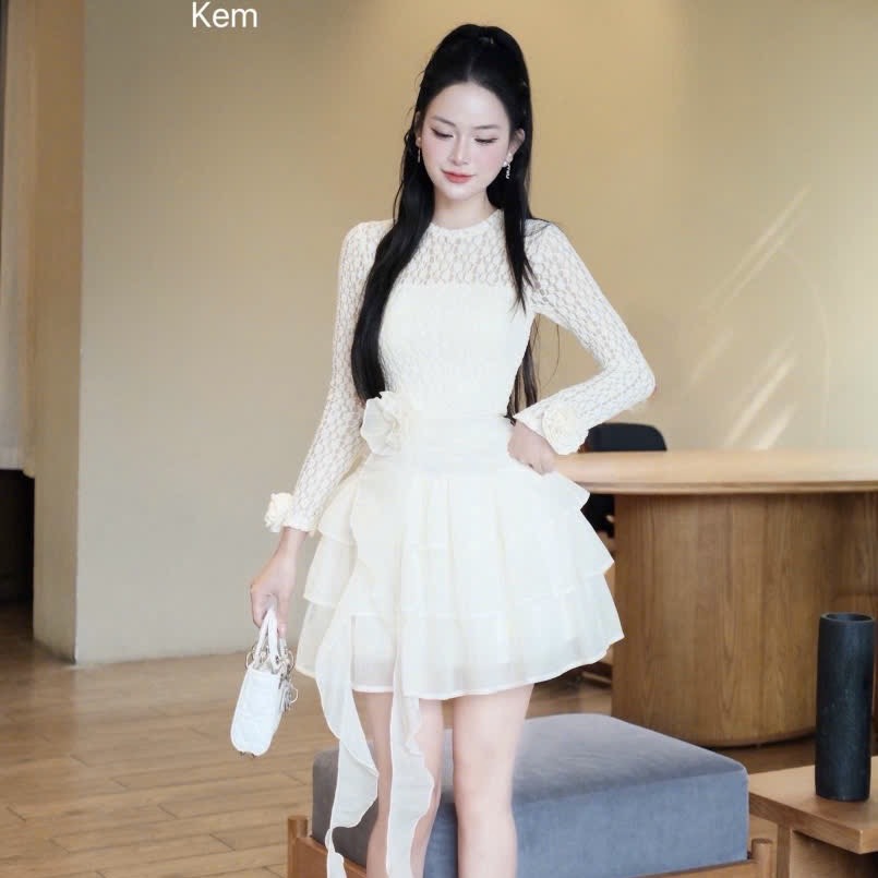 Đầm thiết kế ren cổ tròn cao cấp phối tơ tay dài dáng ngắn