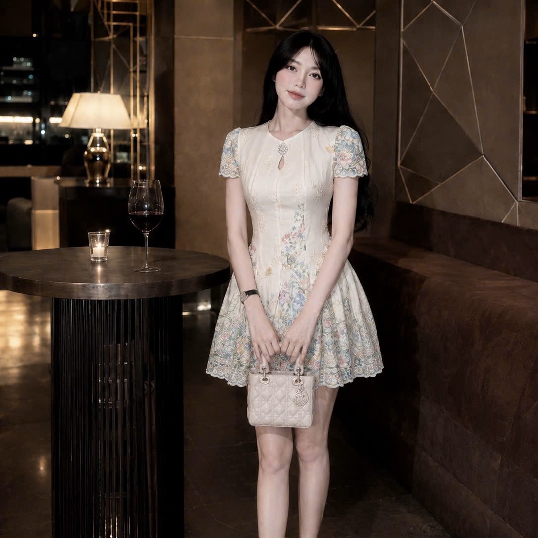 Đầm thiết kế hoa nổi dáng ngắn