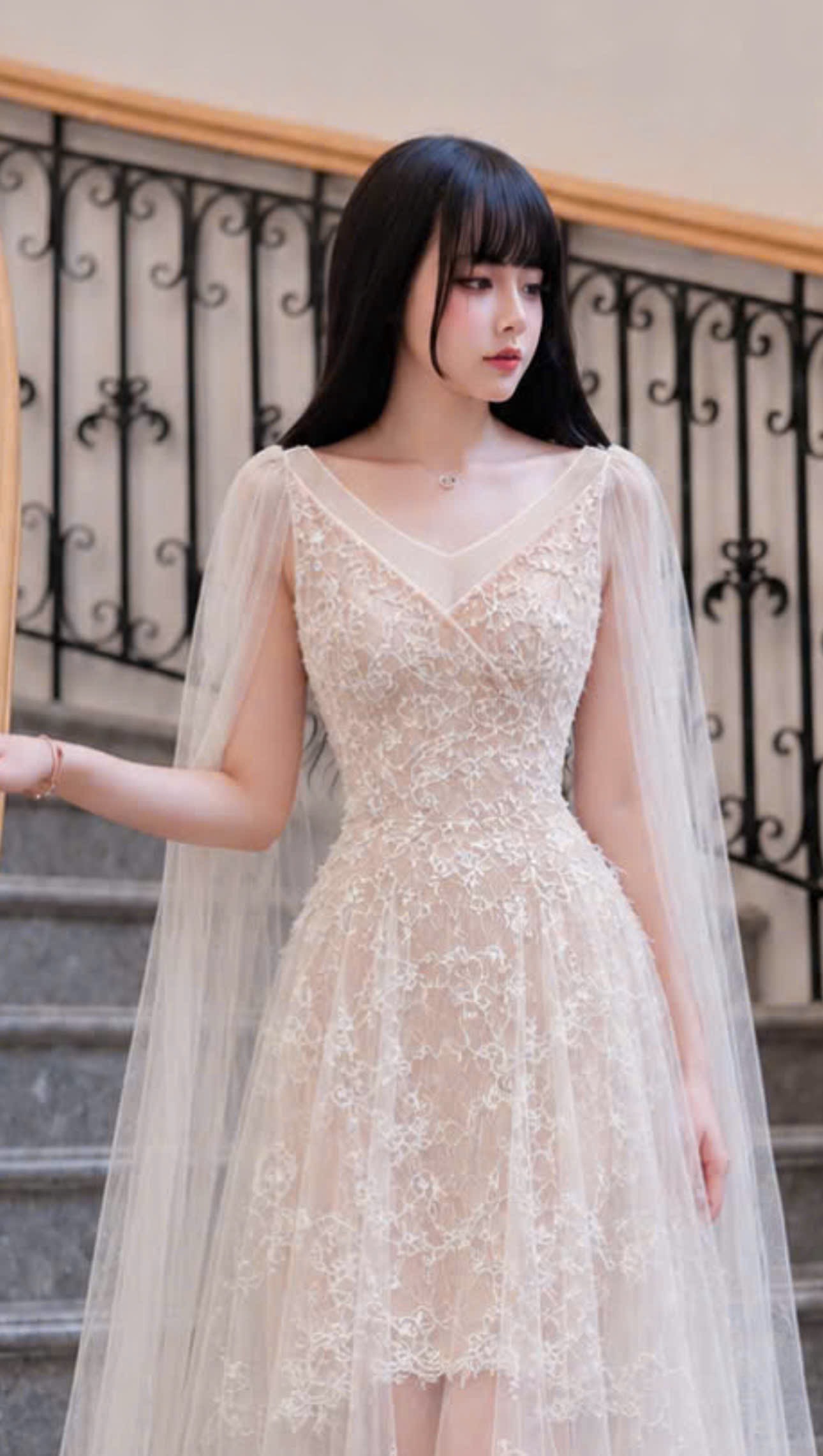 Đầm thiết kế ren tay rũ voan dáng dài