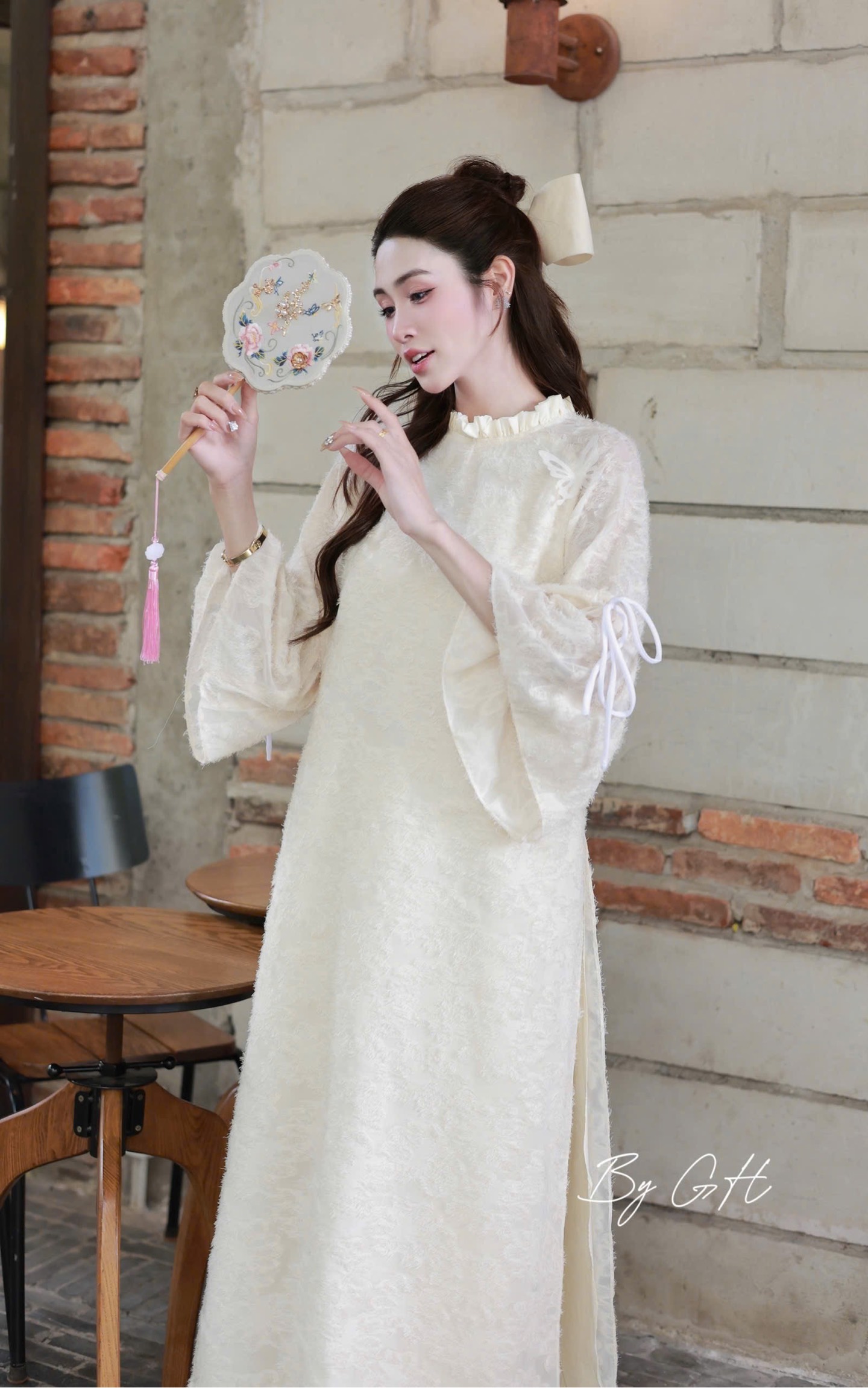 Áo dài tơ lông cổ bèo tay nơ