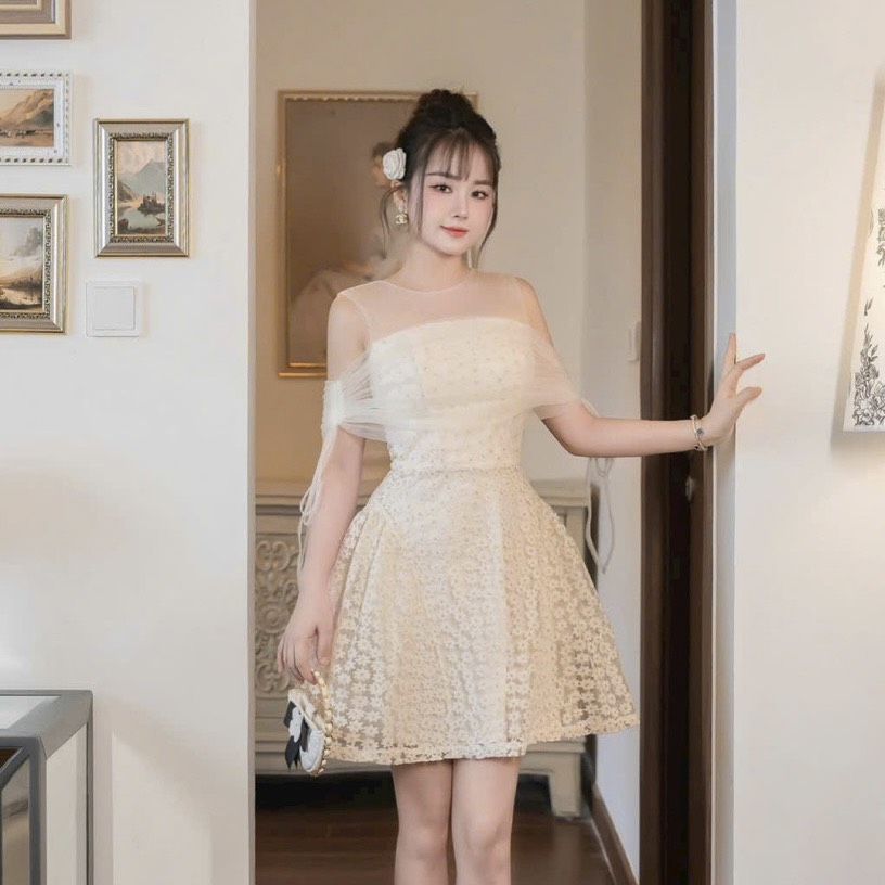 Đầm thiết kế cao cấp ren hoa cúc phối lưới