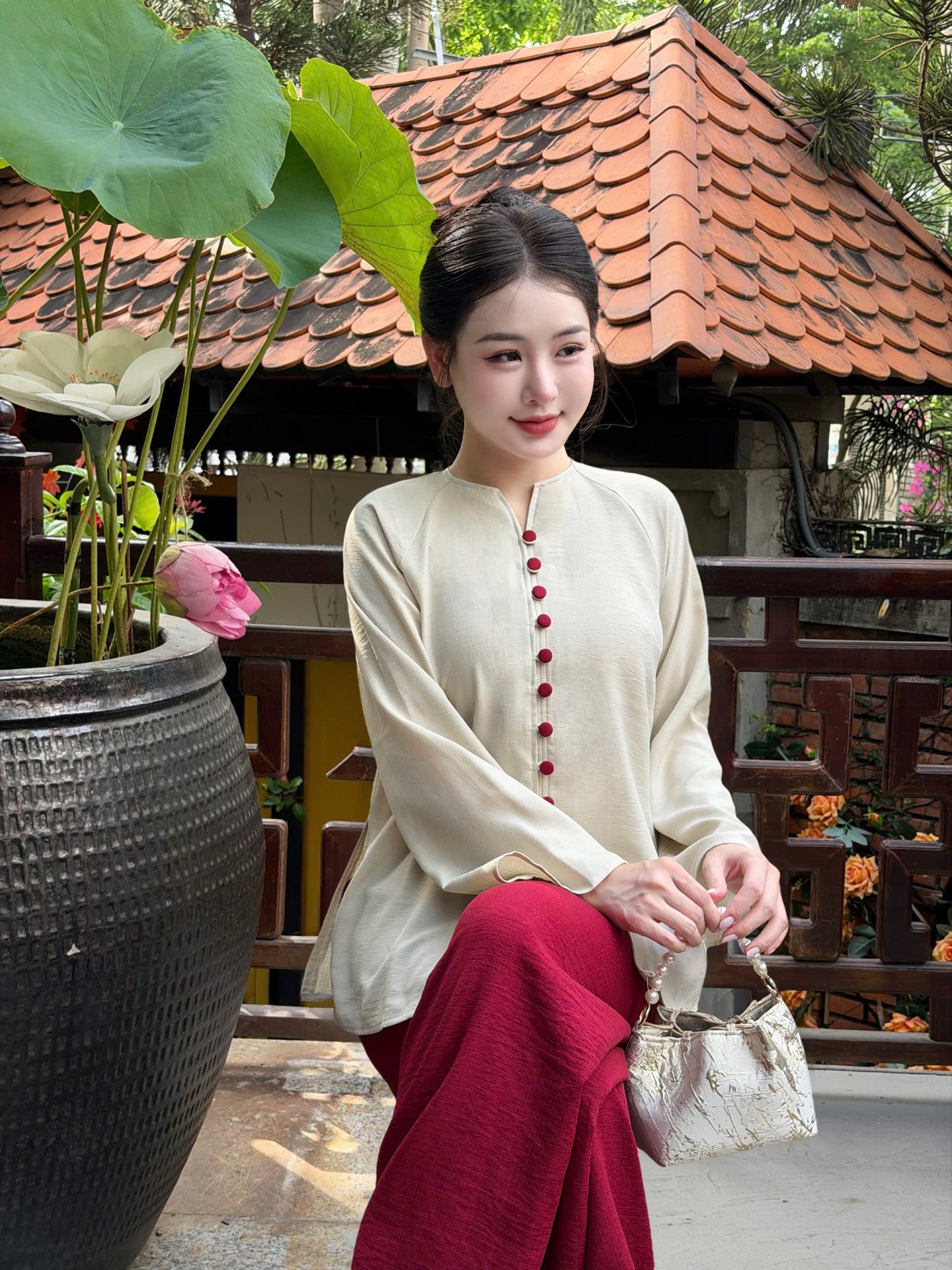 Bộ lam cổ V cúc bọc