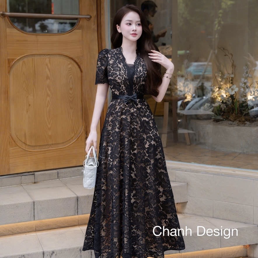Đầm thiết kế ren cổ V nơ eo