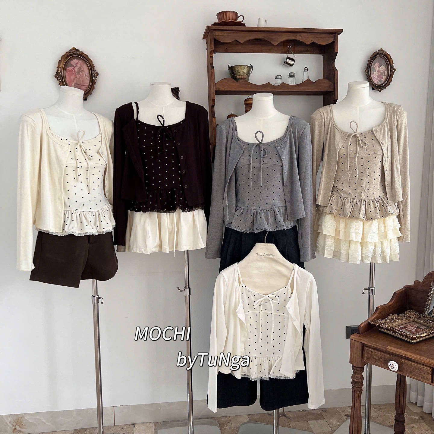 Áo kiểu set khoác áo dây chấm bi