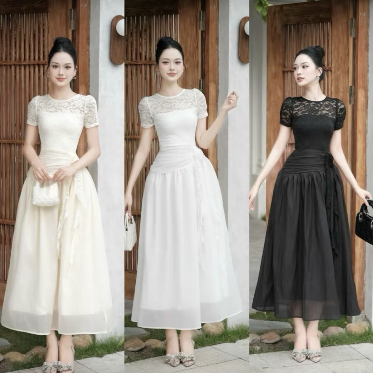 Đầm ren cổ tròn xoè tay nhắn nhúng hoa