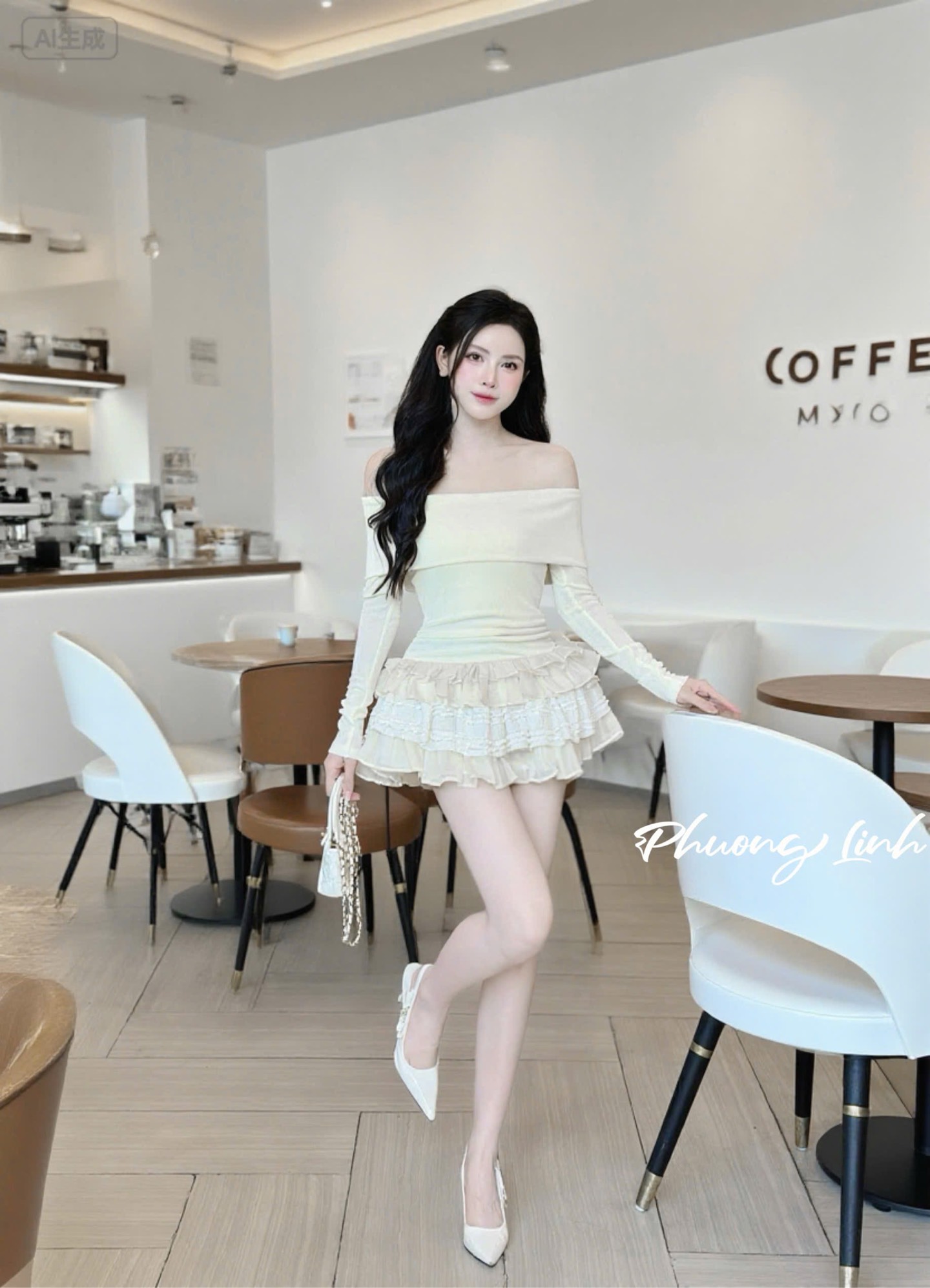 Set trễ vai tay dài chân váy tầng pl