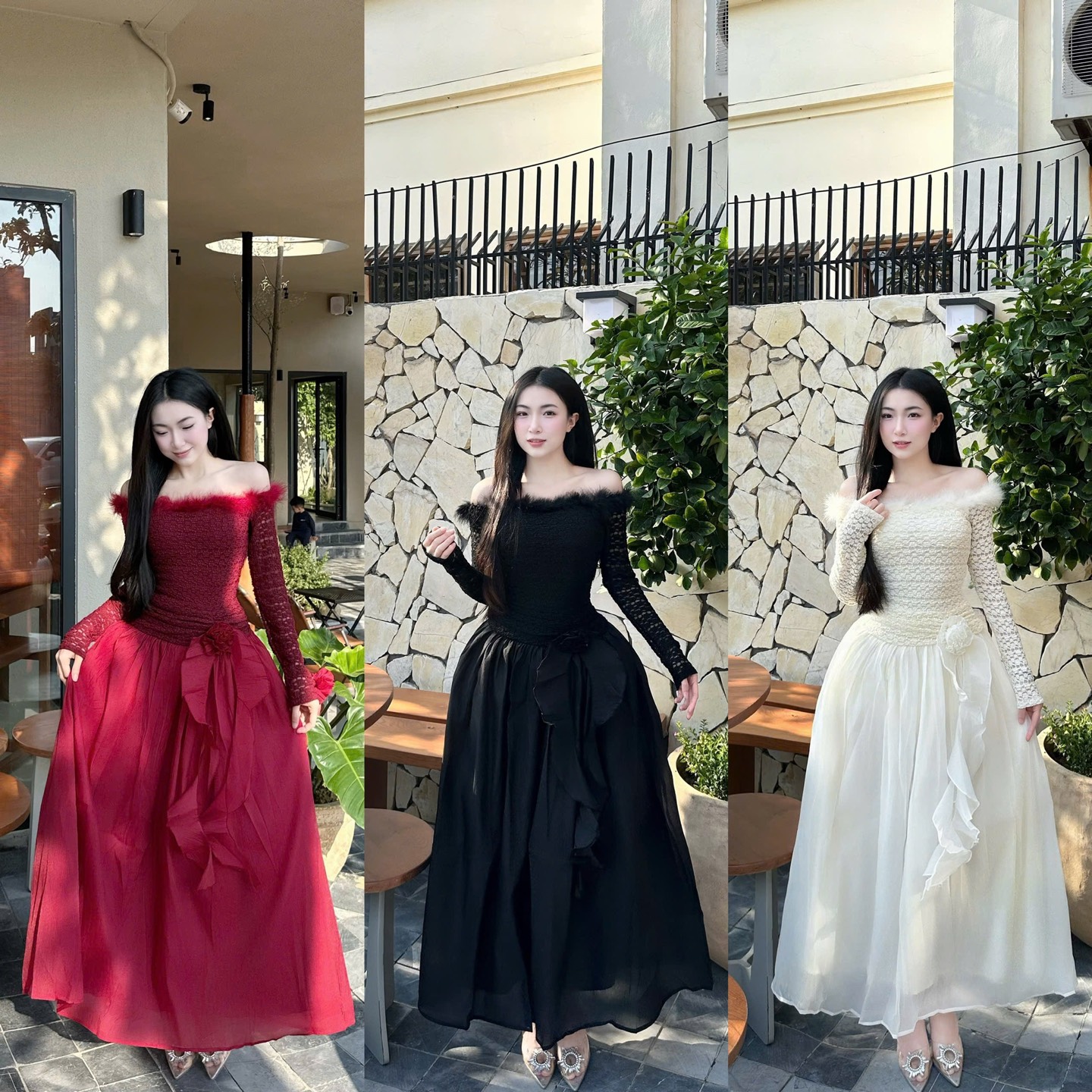 Đầm thiết kế trễ vai ren phối voan viền lông