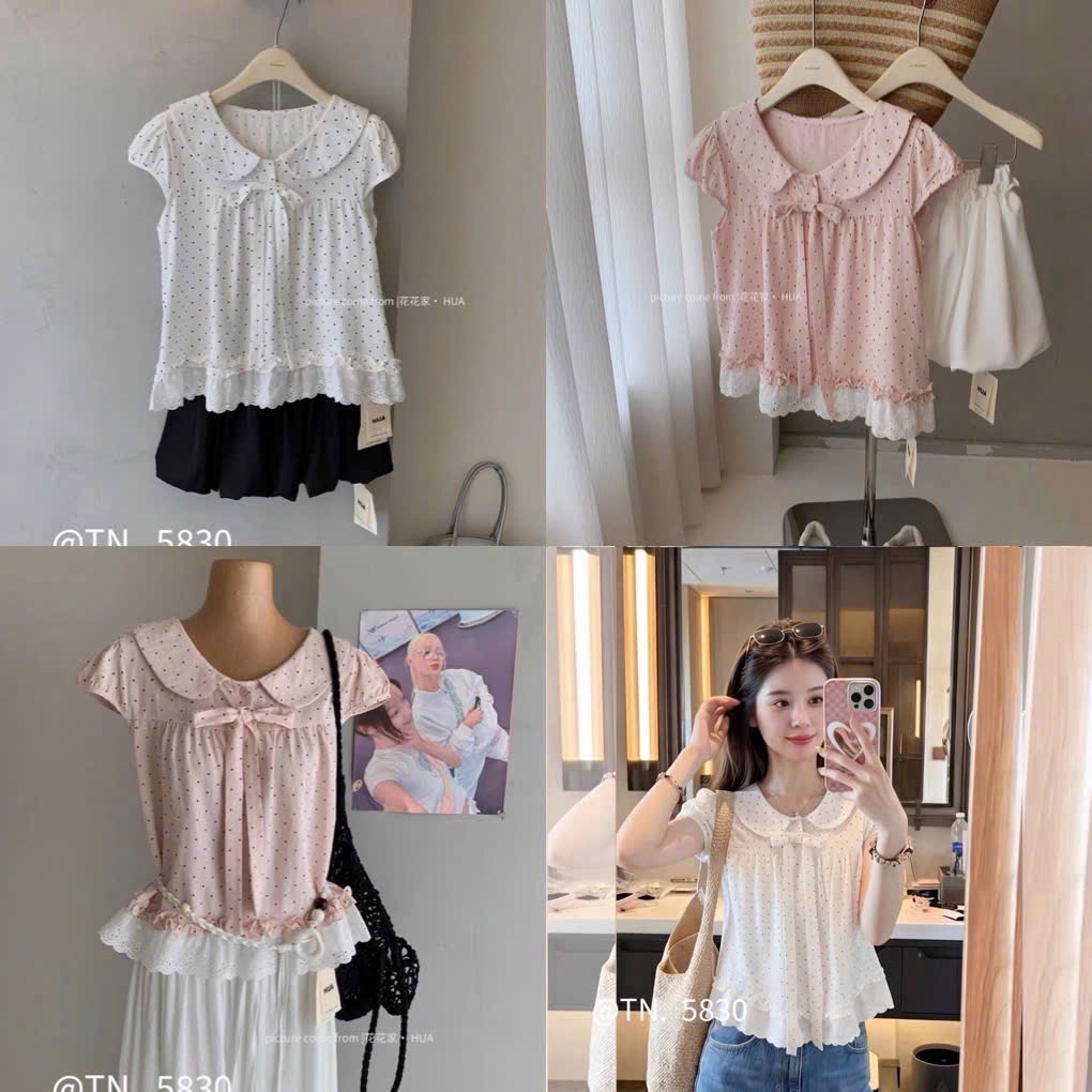 Áo kiểu babydoll chấm bi cổ bèo sen viền tà ren