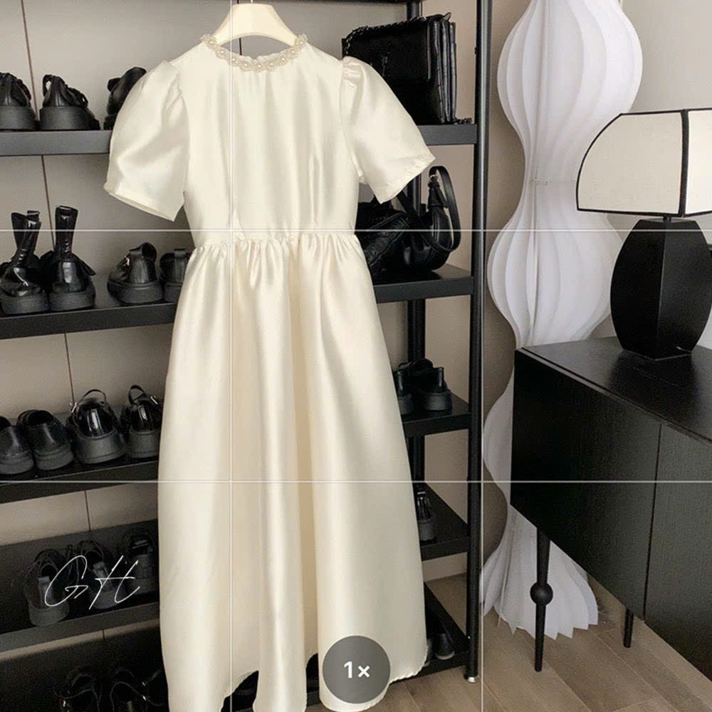 Đầm cổ ngọc đính tay bồng dáng xoè H