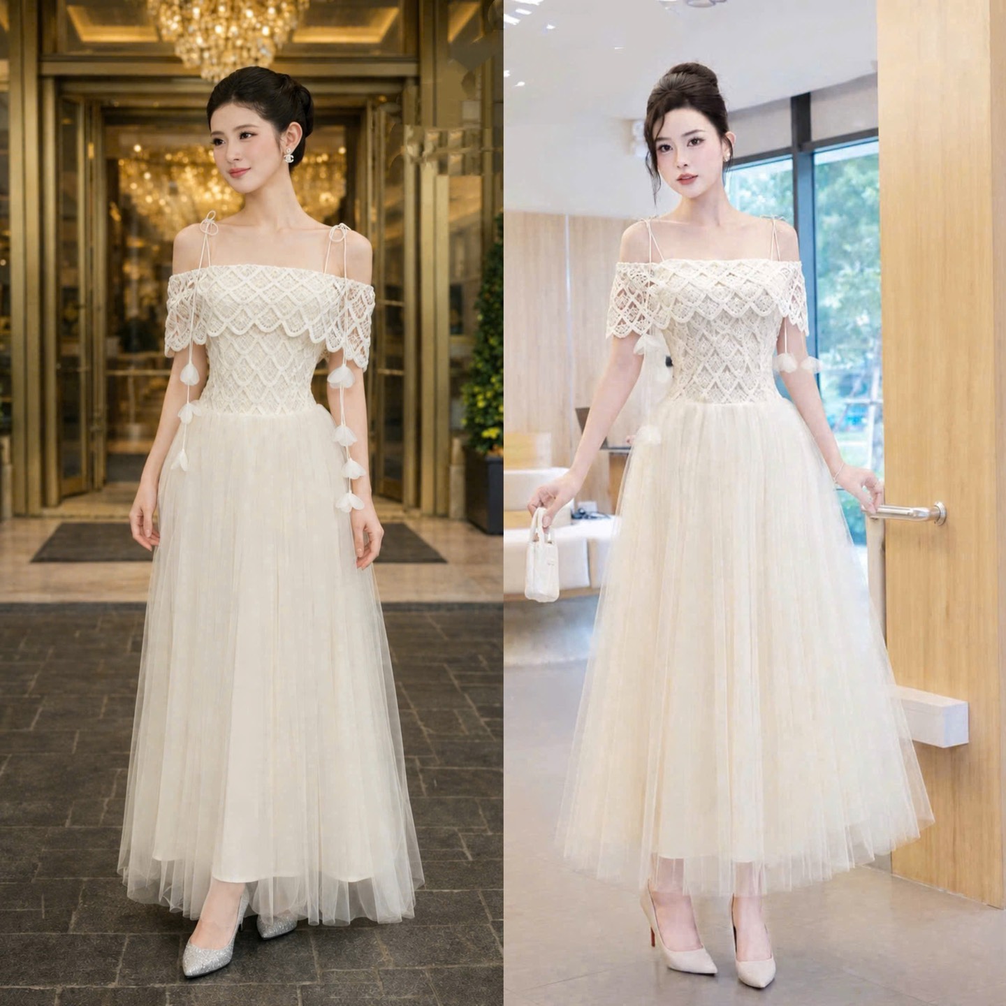 Đầm thiết kế 2 dây trễ vai phối voan dáng dài