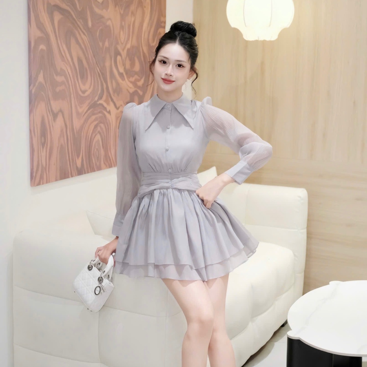 Đầm cổ sơ mi nhọn voan tơ