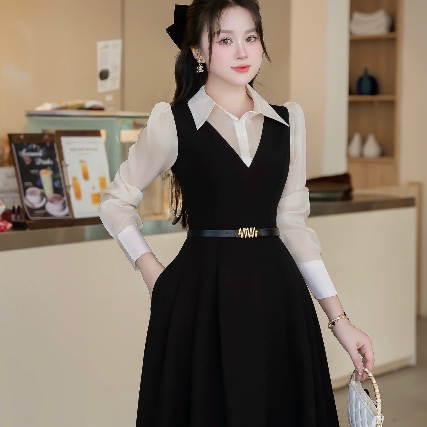 Đầm thiết kế cổ  sơ mi tuyết mưa dáng dàu tay dài