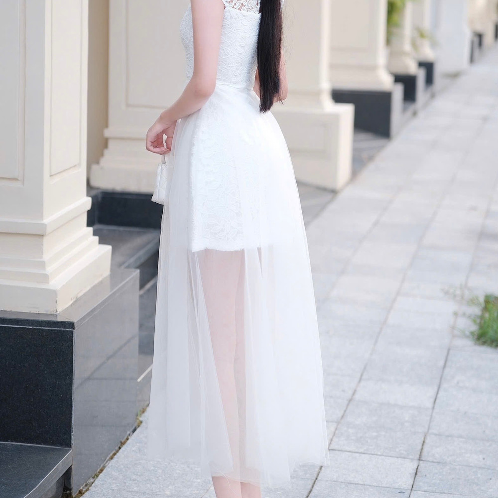 Đầm tay ren phối ngực ren dáng dài đơn giản thanh lịch chân voan cao cấp thiết kế đi tiệc