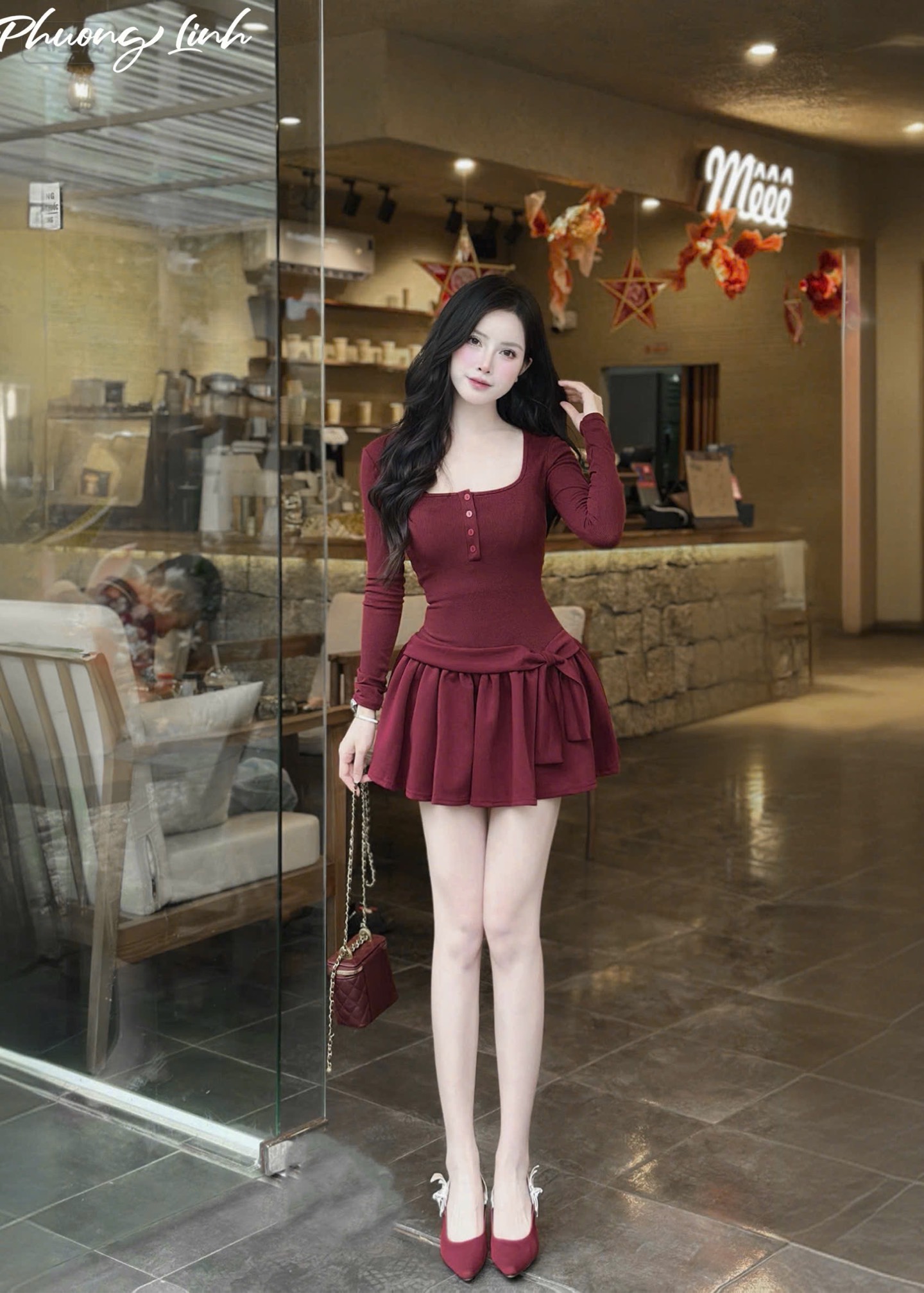 Đầm cổ chữ U cài cúc chân xếp ly buộc nơ
