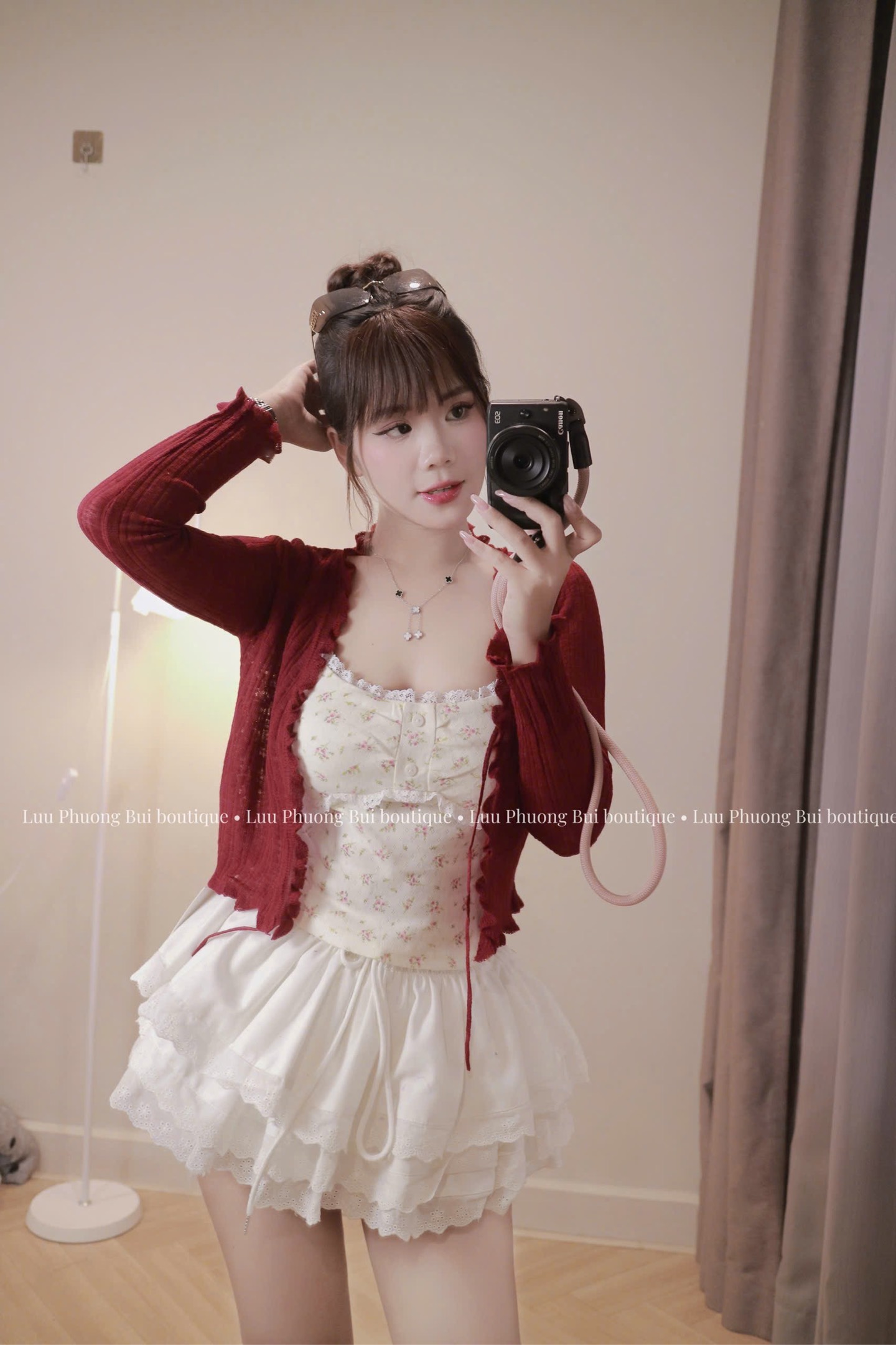 Áo kiểu set khoác cột dây áo hoa nhí