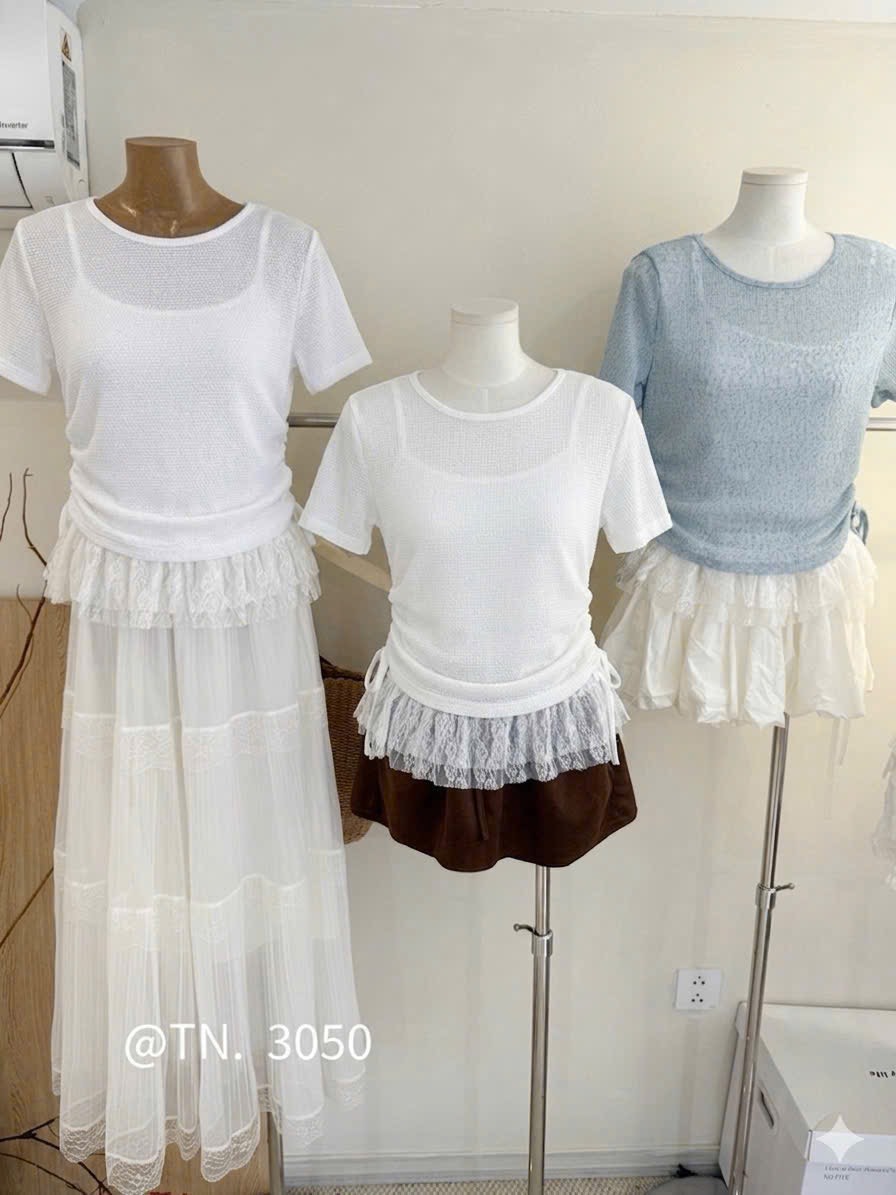 Áo kiểu thun giấy trễ vai phối dây ren