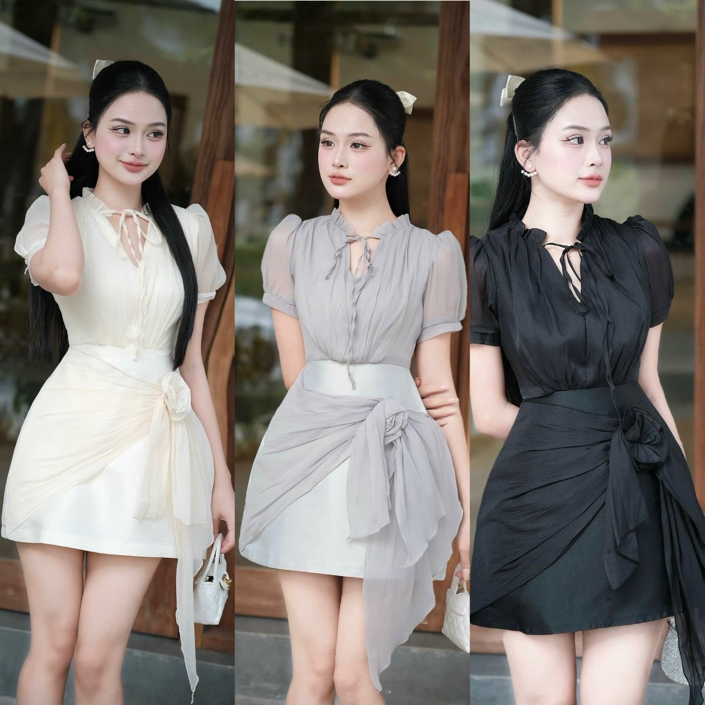 Đầm thiết kế voan cổ cao tay ngắn phối dây voan hoa size dưới 65kg 3 màu xám xanh/ đen/ kem