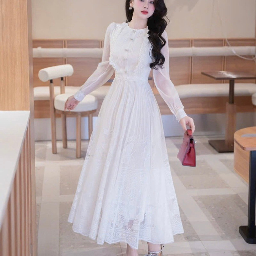 Đầm thiết kế tơ tay dài dáng xoè cao cấp tặng cài nơ