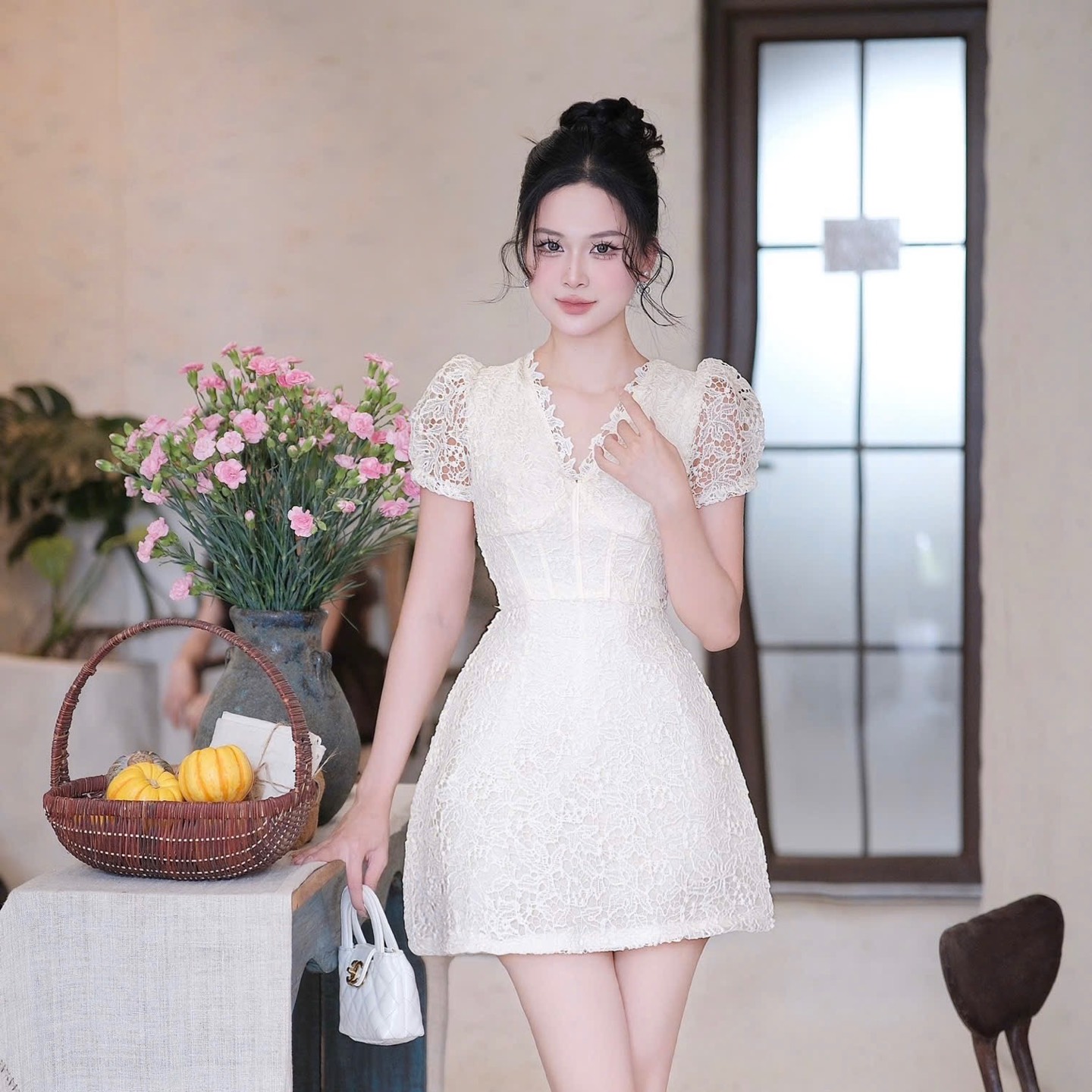 Đầm dáng ngắn chữ A cổ V tim tay ngắn sang chảnh dáng ngắn đi tiệc