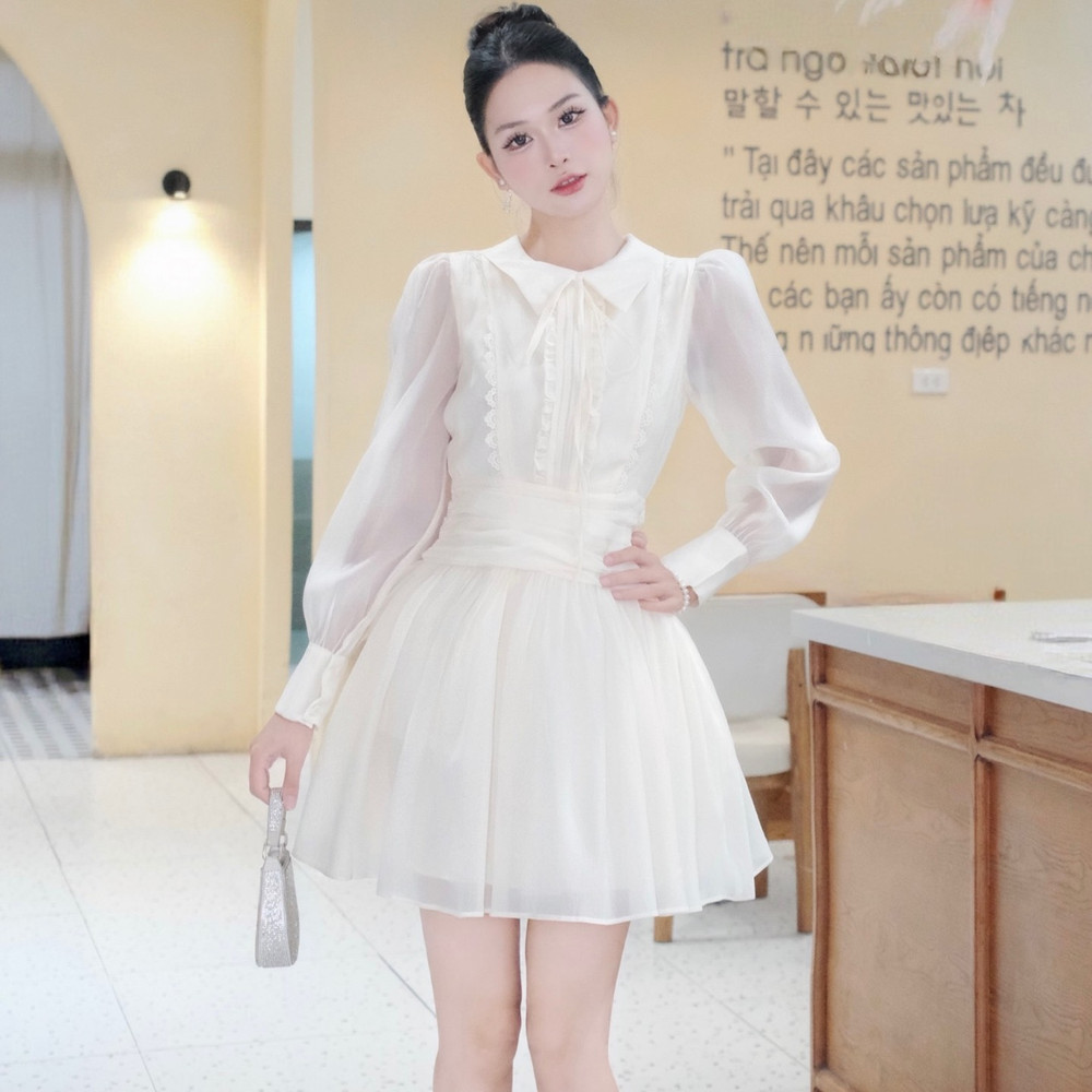 Đầm tơ chân xoè phối ren thiết kế ngắn tay dài đi tiệc