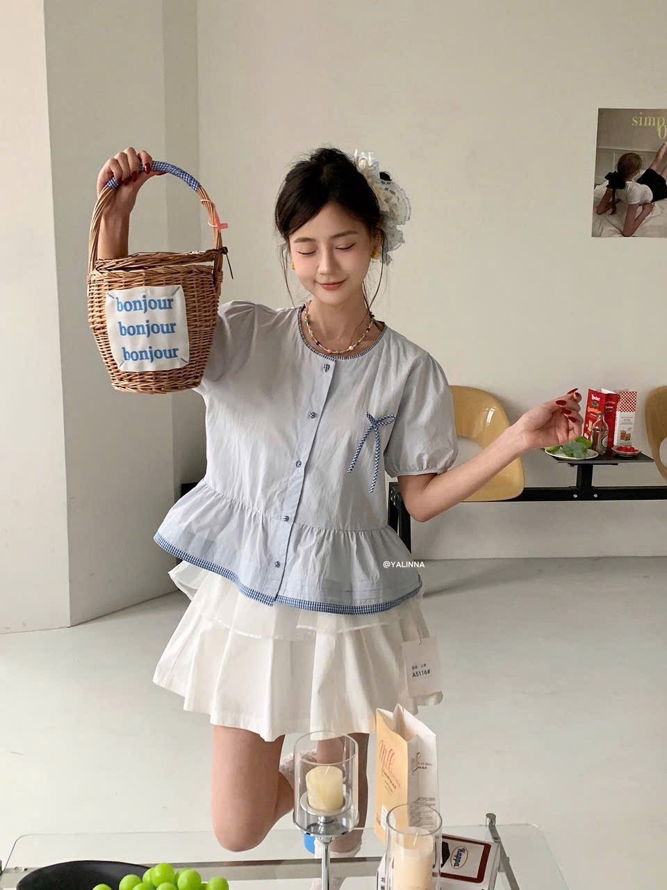 Áo kiểu somi kẻ viền tay ngắn phồng thắt nơ