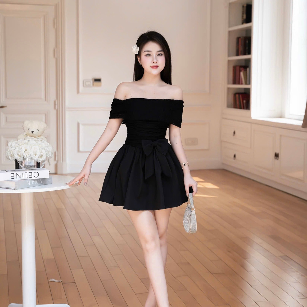 Đầm trễ vai ôm ngực dáng ngắn xòe thiết kế cao cấp đi tiệc