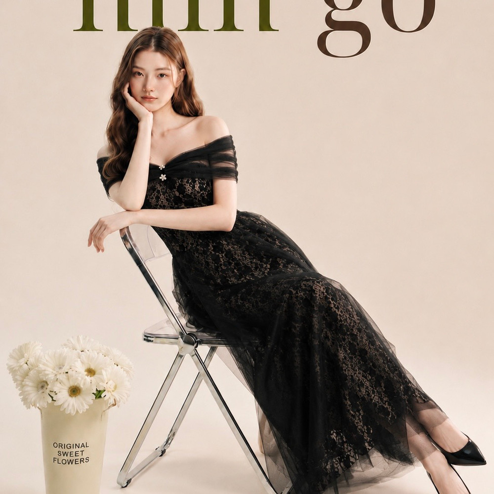 Đầm thiết kế trễ vai đính đá trước ngực  ren tùng xoè