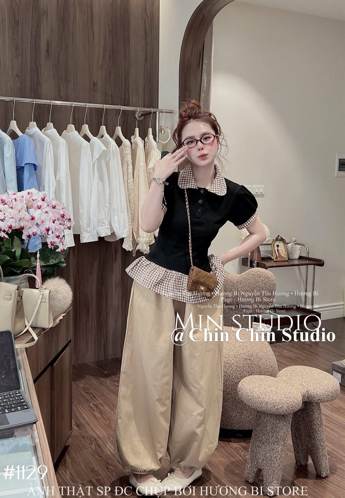Set áo cổ sen kèm quần ống rộng bo chân
