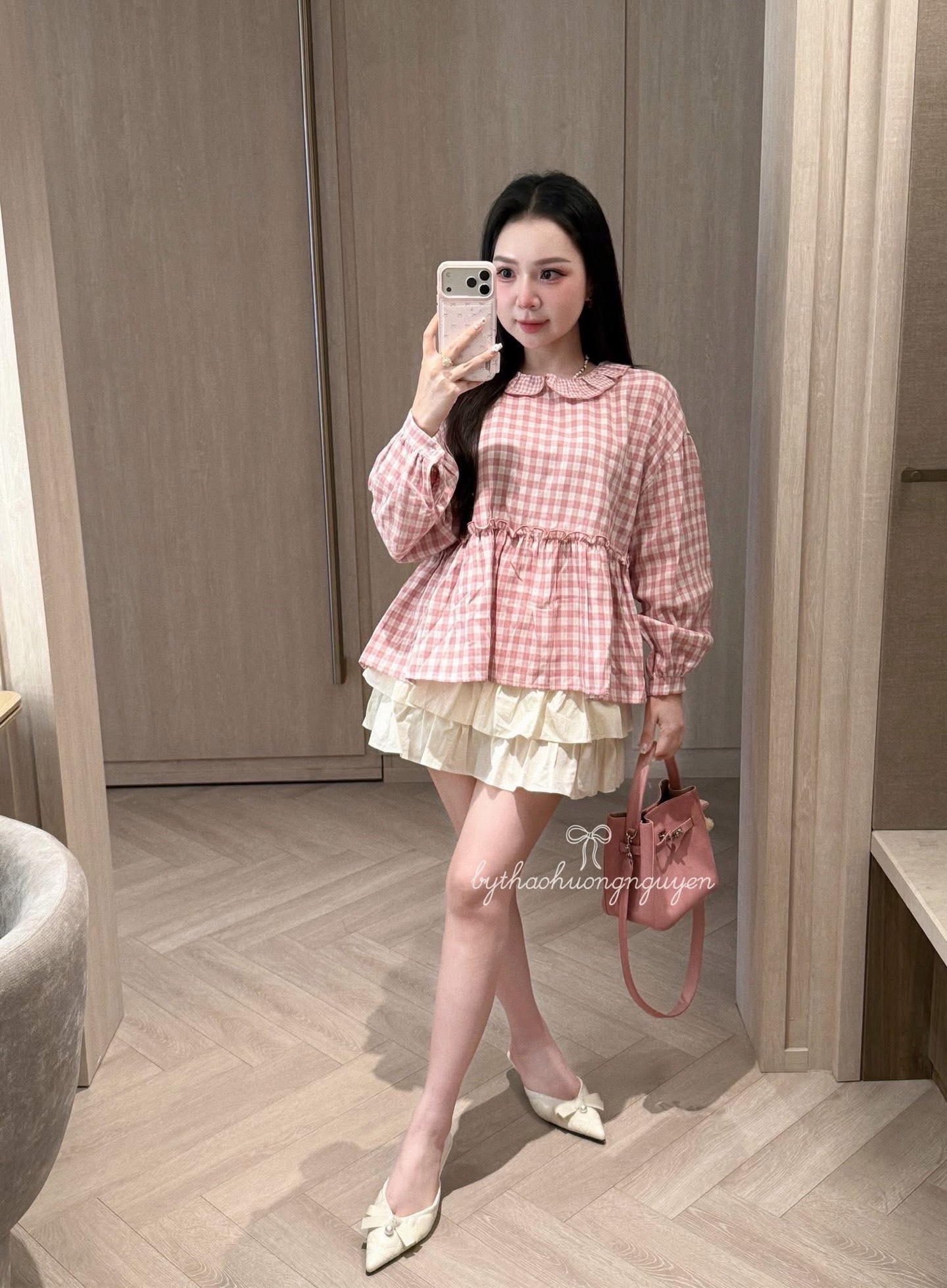 Set babydoll caro kèm chân váy tầng
