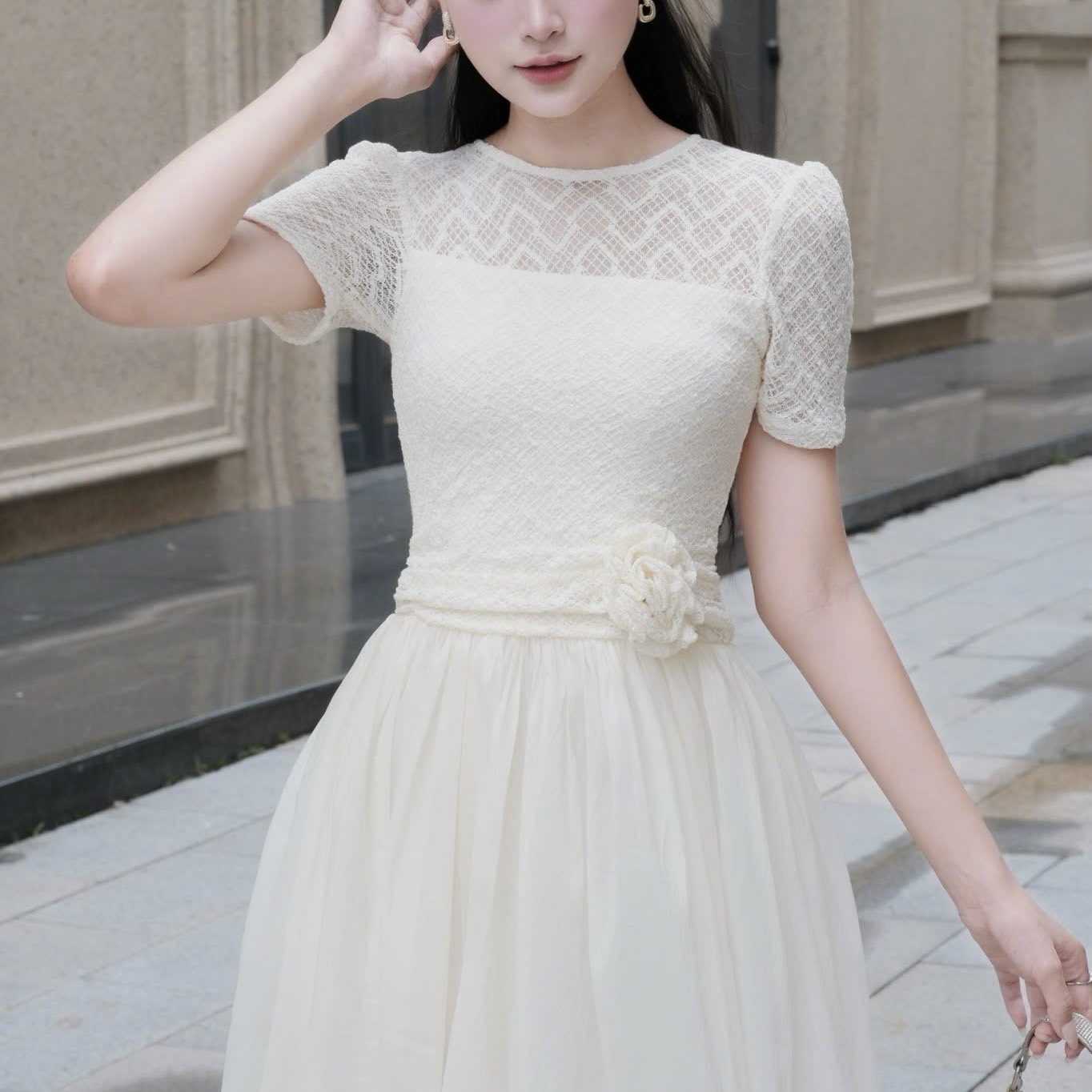 Đầm cổ tròn phối ren dáng dài xoè cao cấp tay ngắn đi tiệc 3 màu kem/ trắng/đen