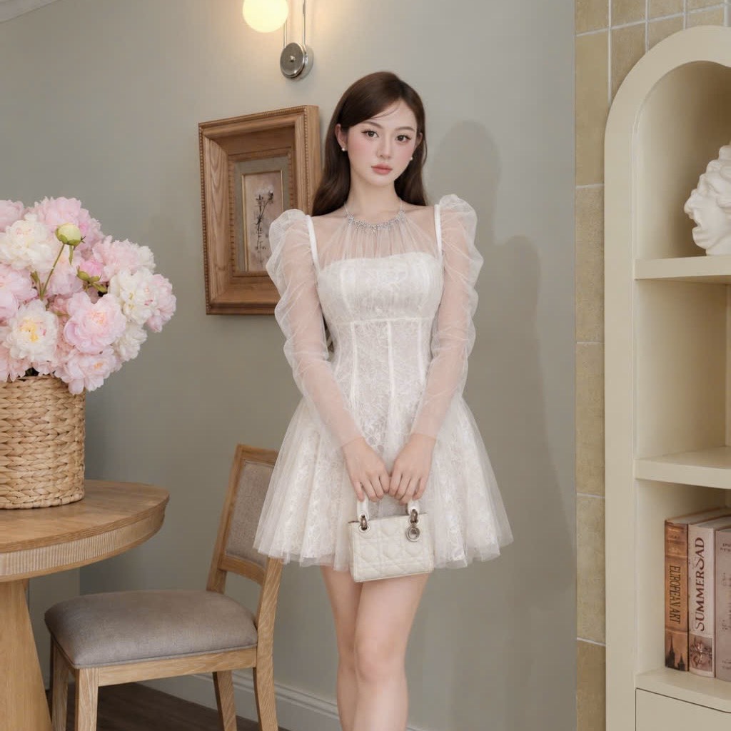 Đầm thiết kế cổ yếm đính đá tay dài dáng ngắn