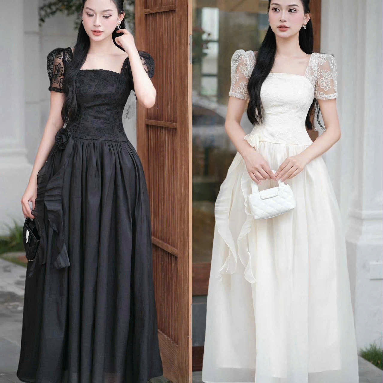 Đầm tay ngắn bồng phối ren dáng dài phối hoa cao cấp đi tiệc sang chảnh