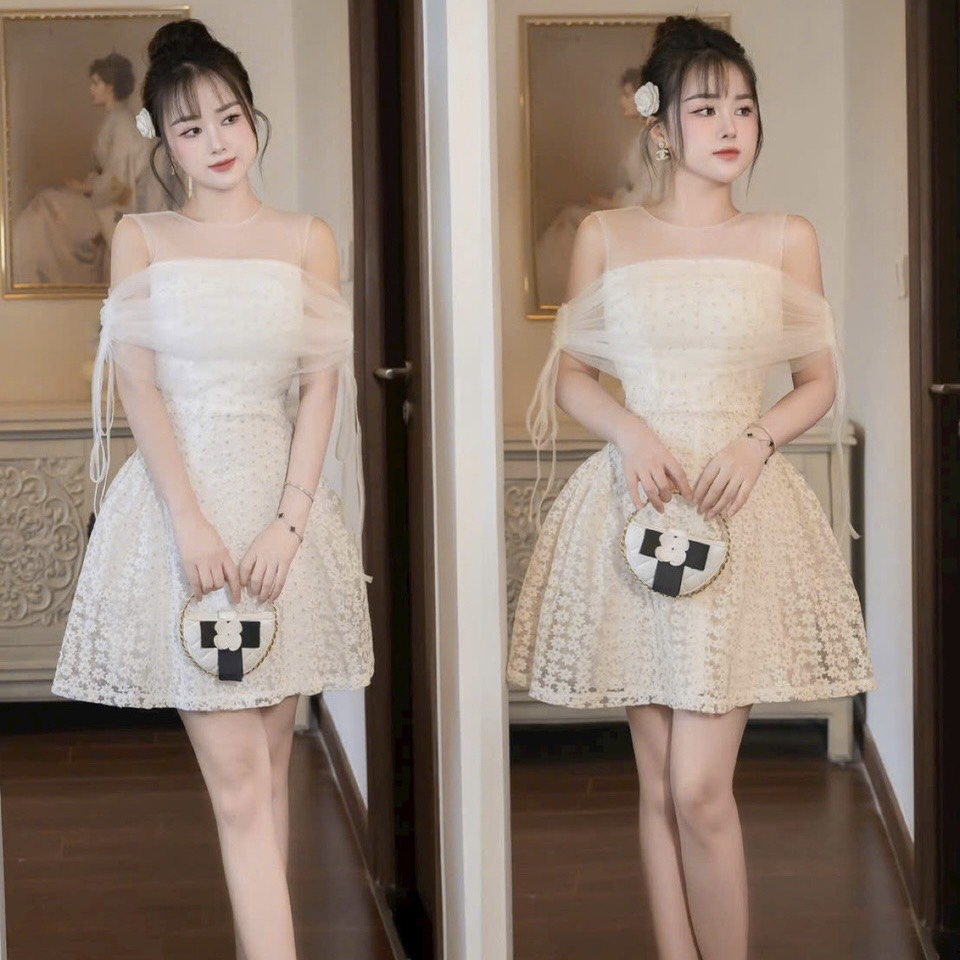 Đầm thiết kế cao cấp ren hoa cúc phối lưới