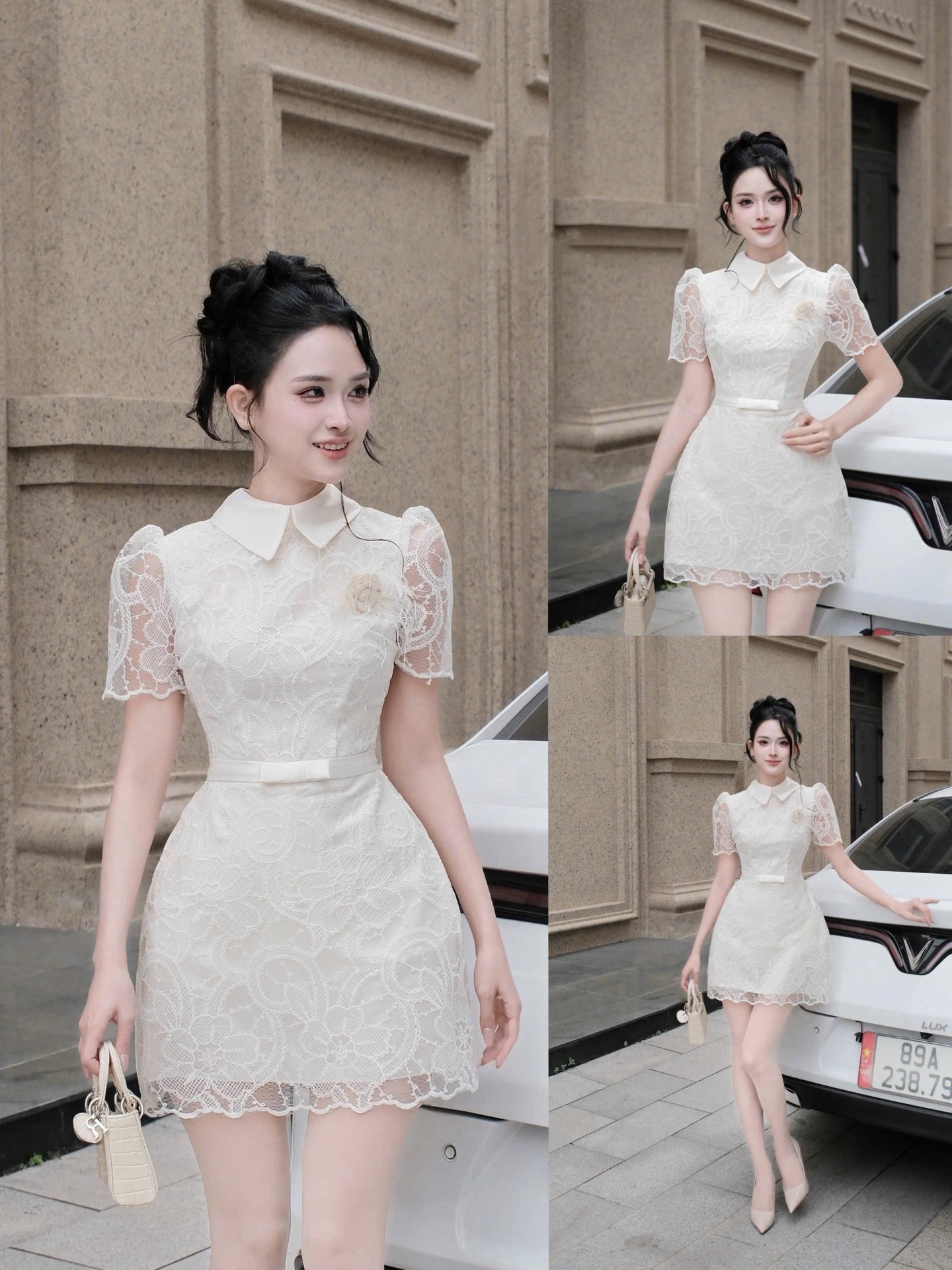 Đầm cổ sơ mi ren chân chữ A