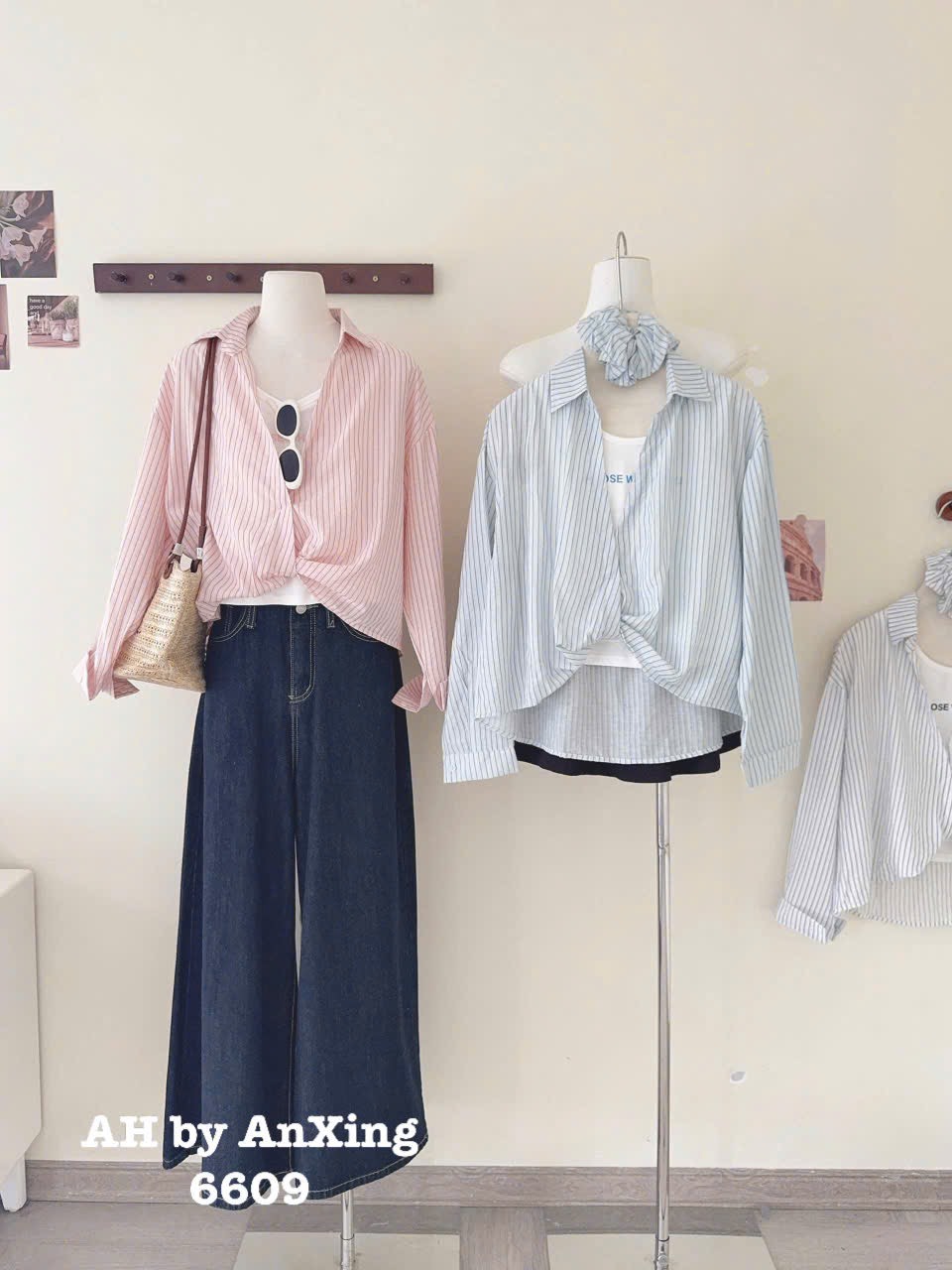 Áo kiểu sơ mi tay dài kèm áo thun 3 lỗ