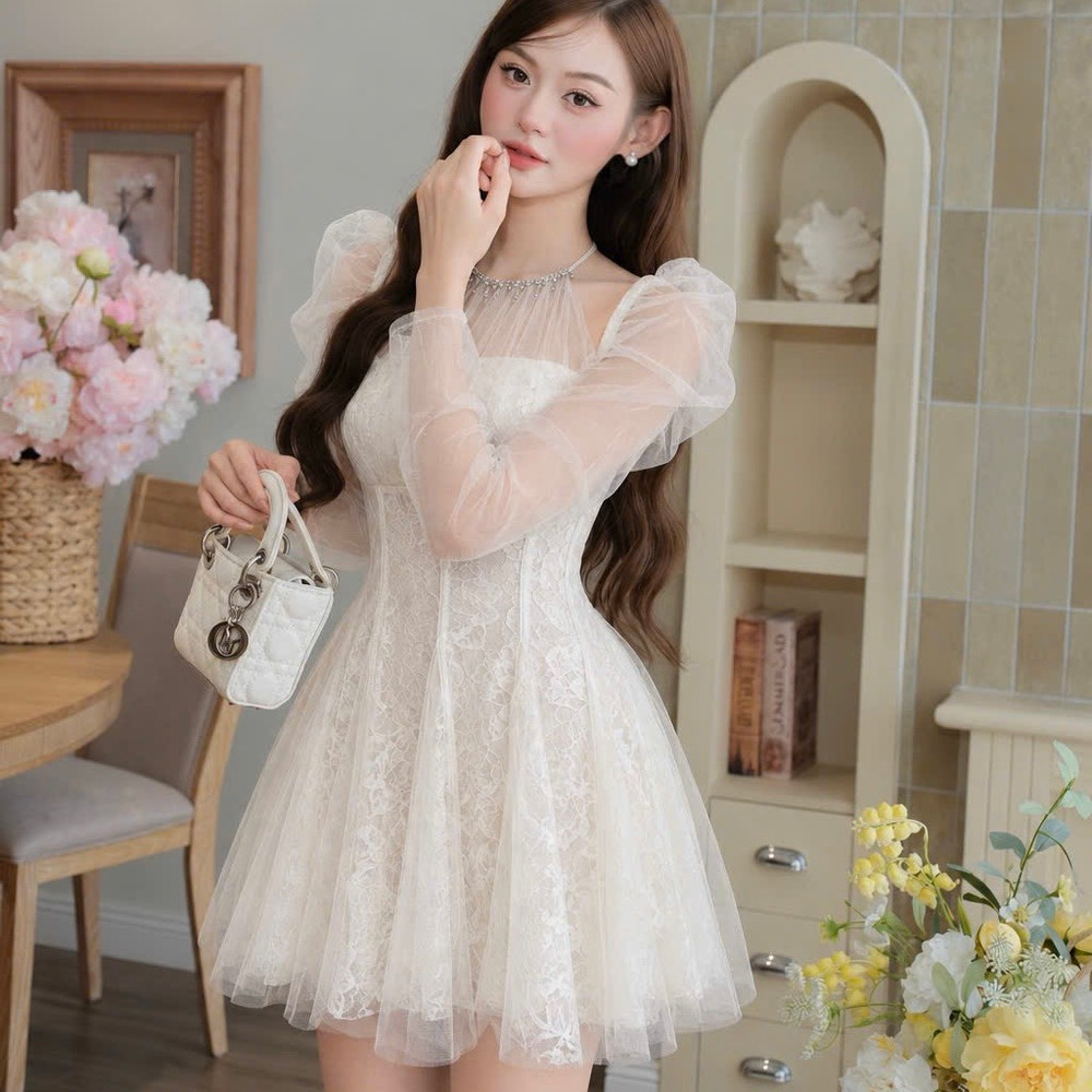 Đầm thiết kế cổ yếm đính đá tay dài dáng ngắn