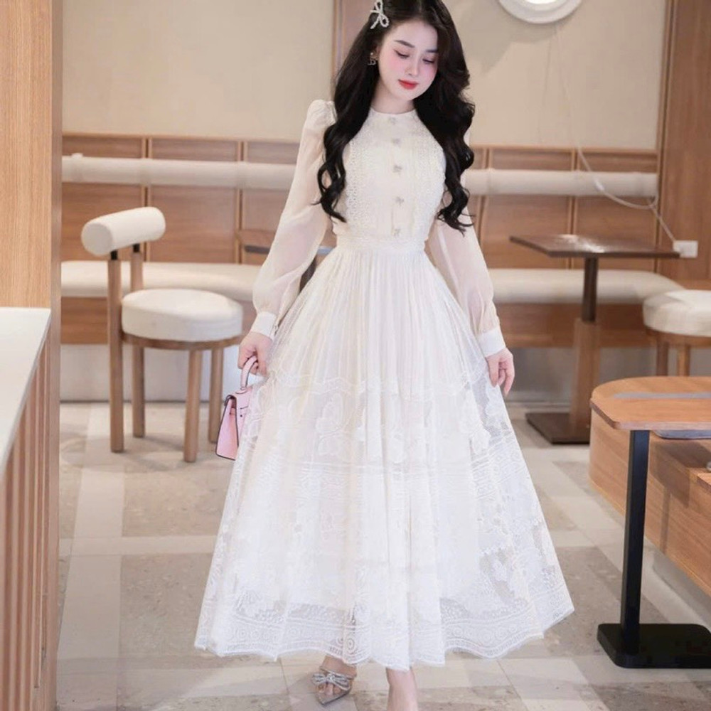 Đầm thiết kế tơ tay dài dáng xoè cao cấp tặng cài nơ